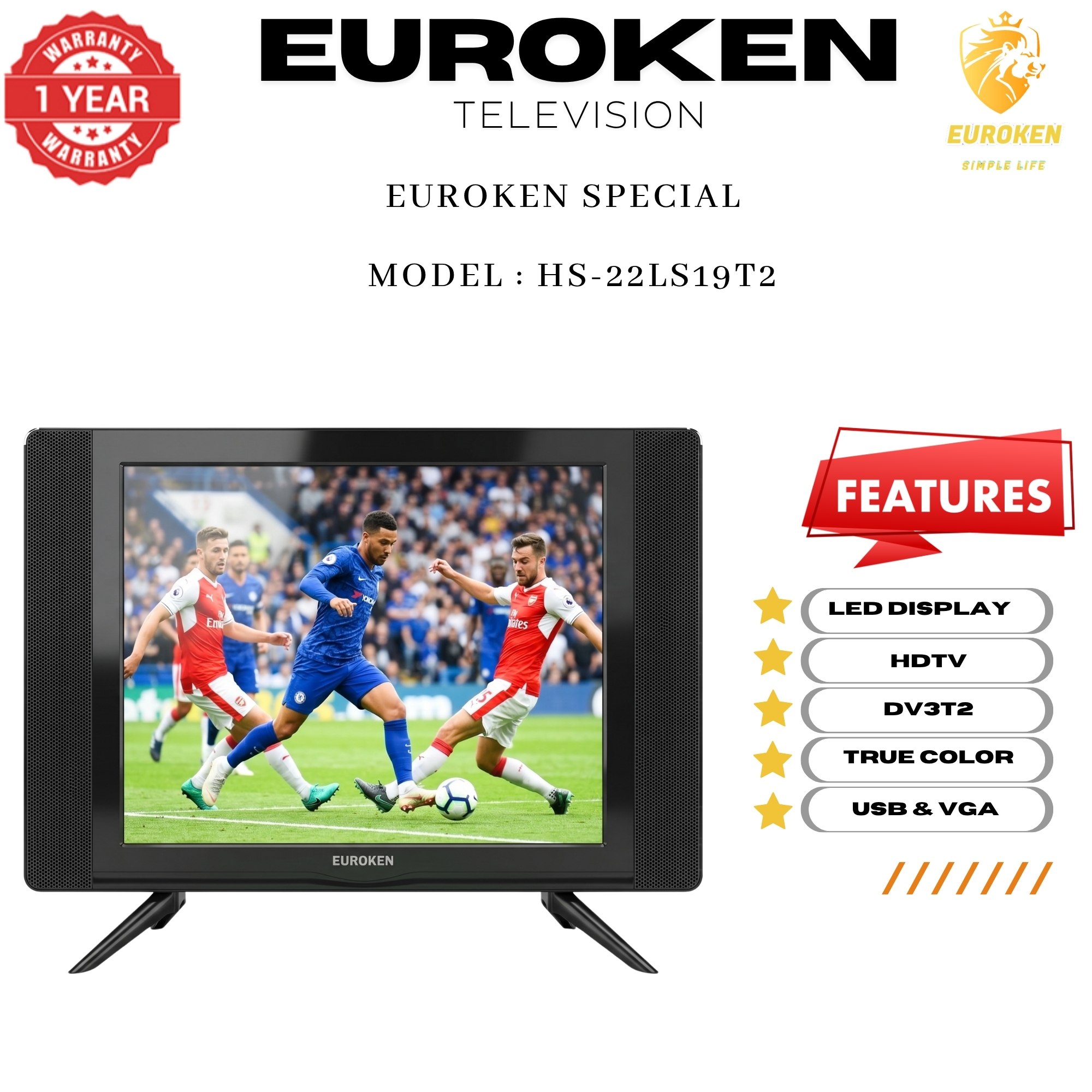 【Limited Offer】 Euroken HS-22LS19T2 19" Inch Full Screen Display Television Ac/dc Digital Led Tv With Inbuilt Decoder For Local Channels Wide Color Enhancer, Usb Hdmi Ports