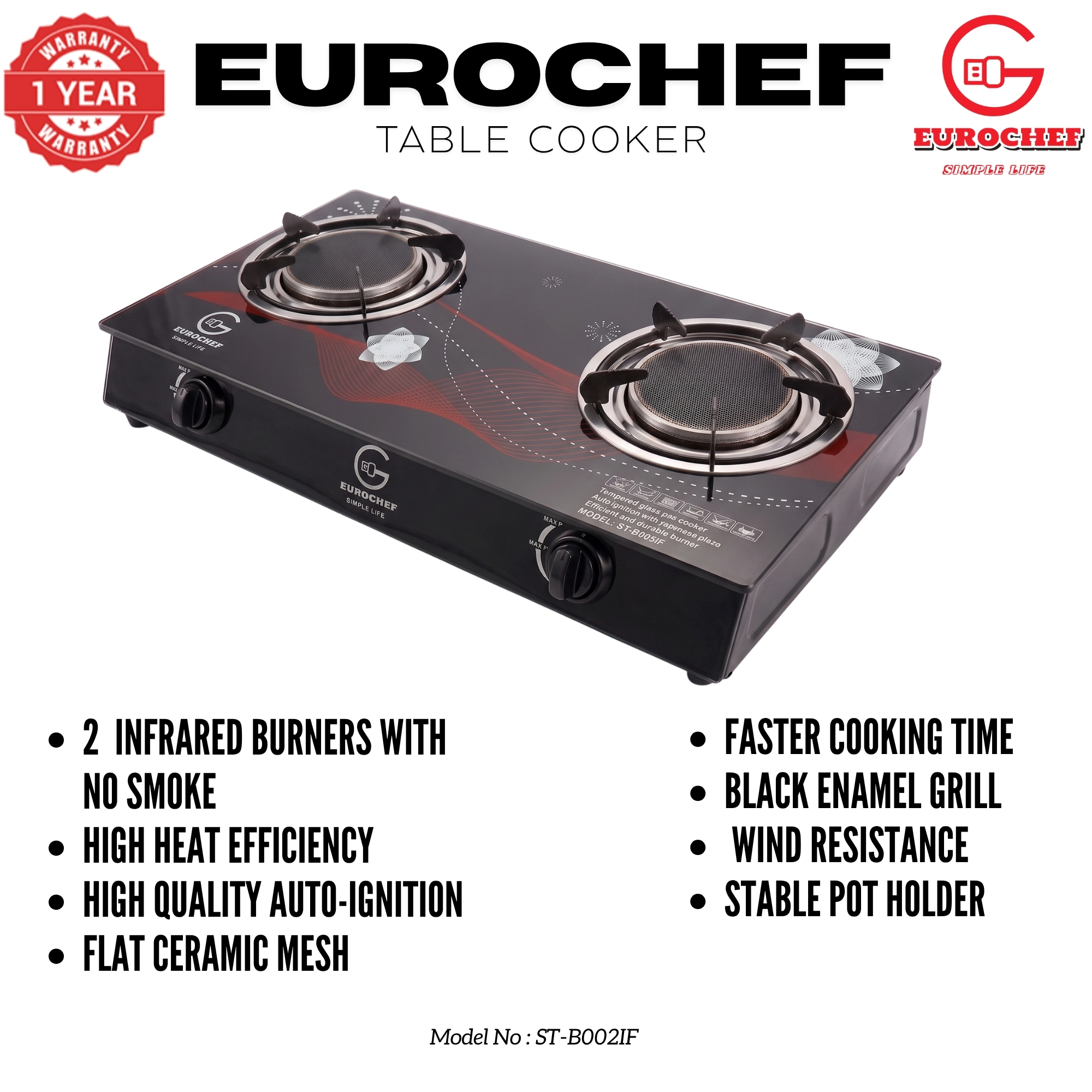 【Limited Offer】EUROCHEF  Infrared Gas Cooker ST-B002IF – 2 Burner Glass Top Table Stove, Grey, Gas Saving & Flame Stability