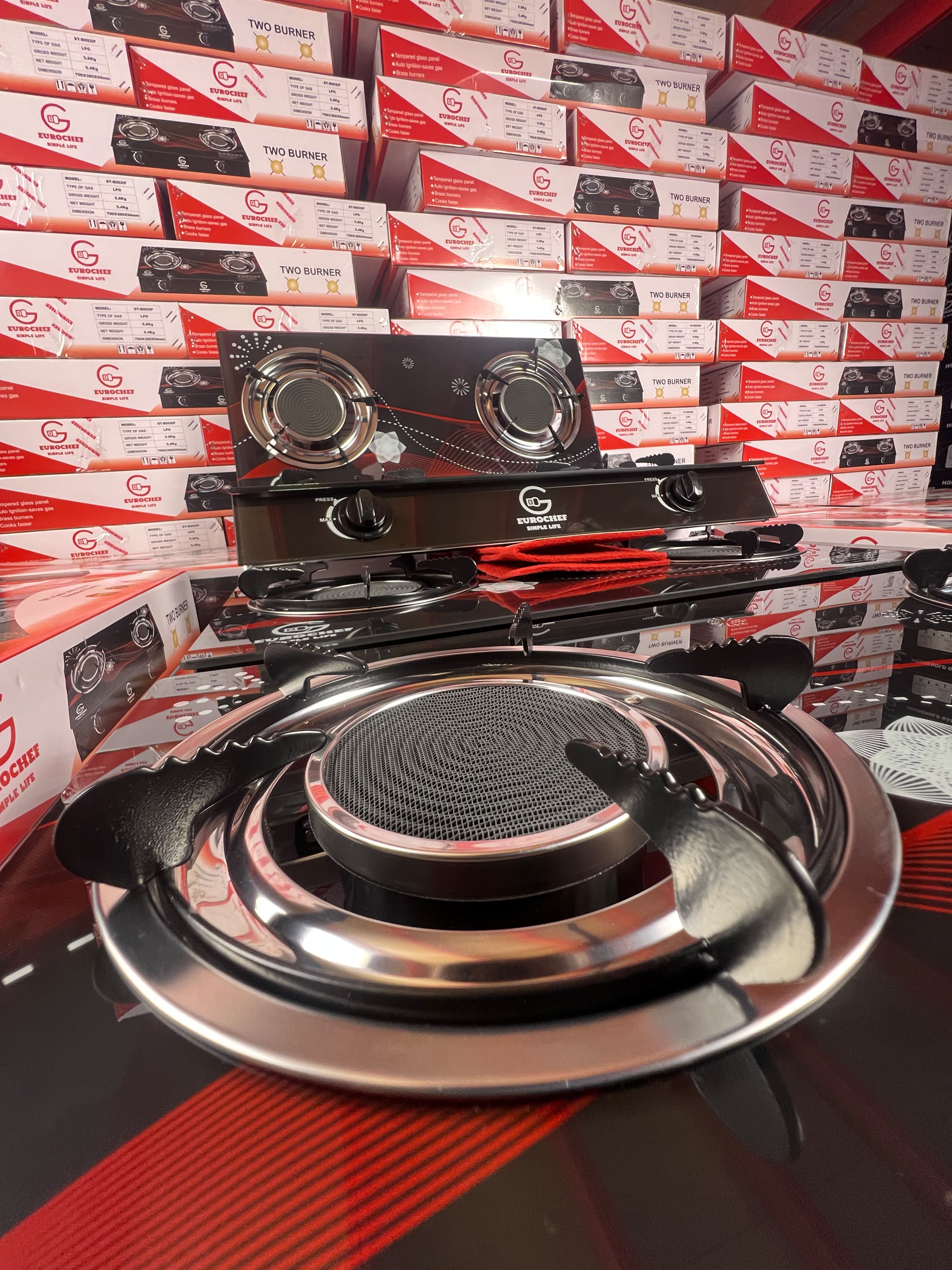 【Limited Offer】EUROCHEF  Infrared Gas Cooker ST-B002IF – 2 Burner Glass Top Table Stove, Grey, Gas Saving & Flame Stability