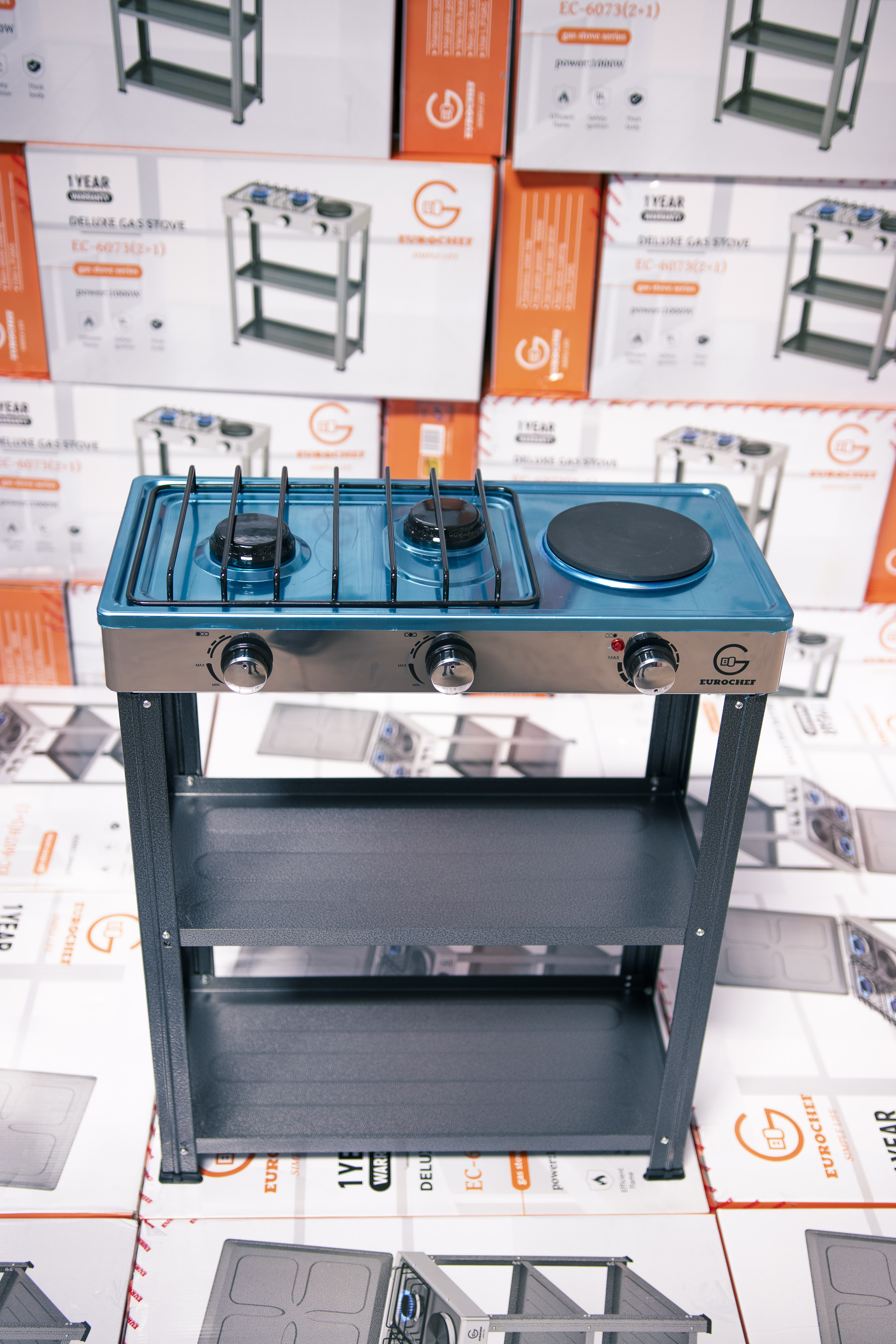【Exclusive Offer】 EUROCHEF EC-6073(2+1)  Simple Standing Cooker 2 Gas 1 Hot Plate Cooker With Shelves & No Oven
