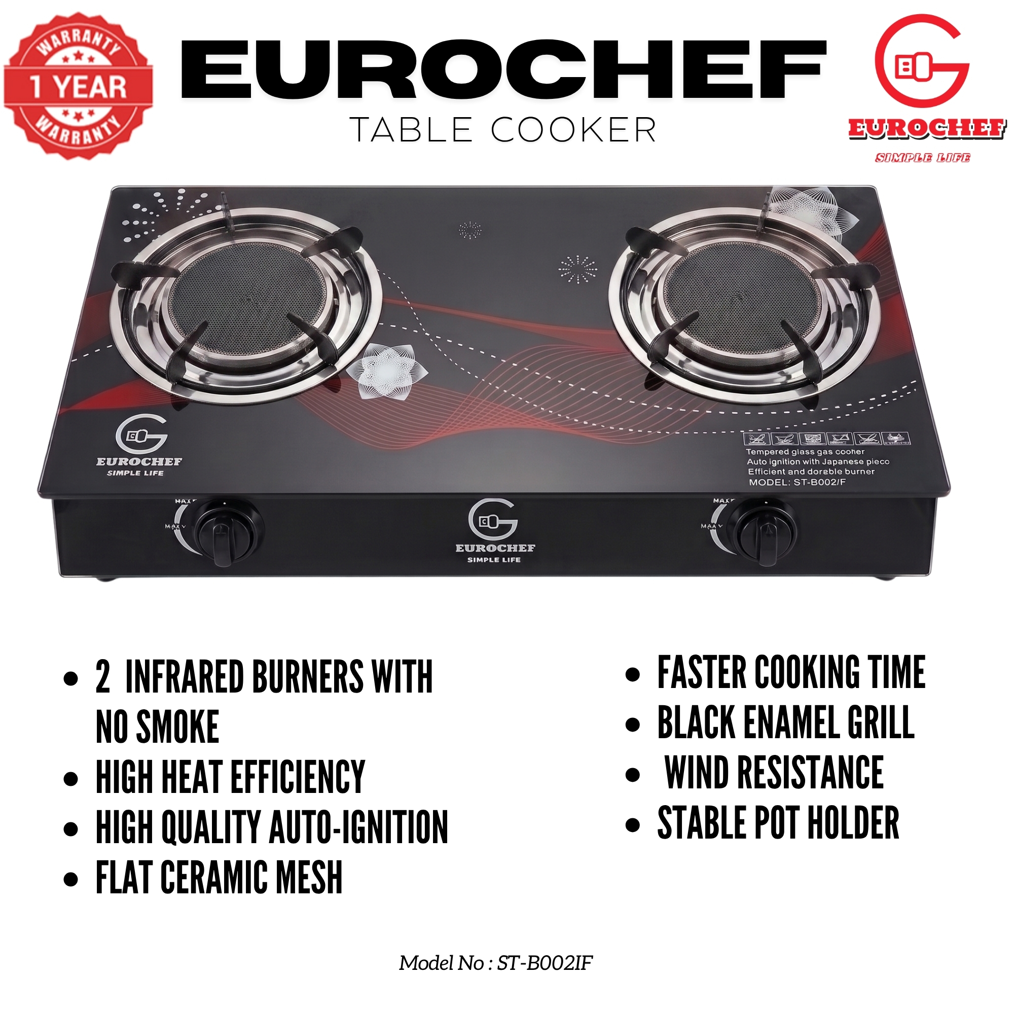 【Limited Offer】EUROCHEF  Infrared Gas Cooker ST-B002IF – 2 Burner Glass Top Table Stove, Grey, Gas Saving & Flame Stability