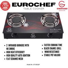 【Limited Offer】EUROCHEF  Infrared Gas Cooker ST-B002IF – 2 Burner Glass Top Table Stove, Grey, Gas Saving & Flame Stability