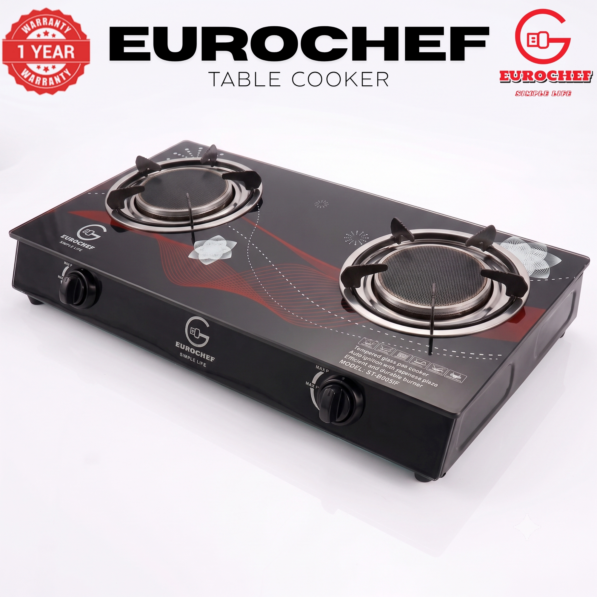【Limited Offer】EUROCHEF  Infrared Gas Cooker ST-B002IF – 2 Burner Glass Top Table Stove, Grey, Gas Saving & Flame Stability