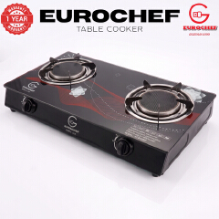 【Limited Offer】EUROCHEF  Infrared Gas Cooker ST-B002IF – 2 Burner Glass Top Table Stove, Grey, Gas Saving & Flame Stability