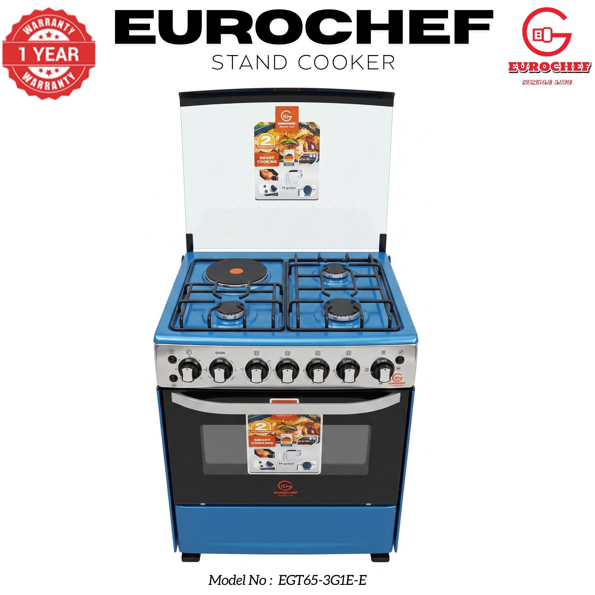 【LIMITED OFFER】 EUROCHEF 60X65 EGT65-3G1E-E Home Improvement 67l  Free Standing Gas Cooker  3 Gas +1 Hotplate Kitchen Appliance With Electric Oven