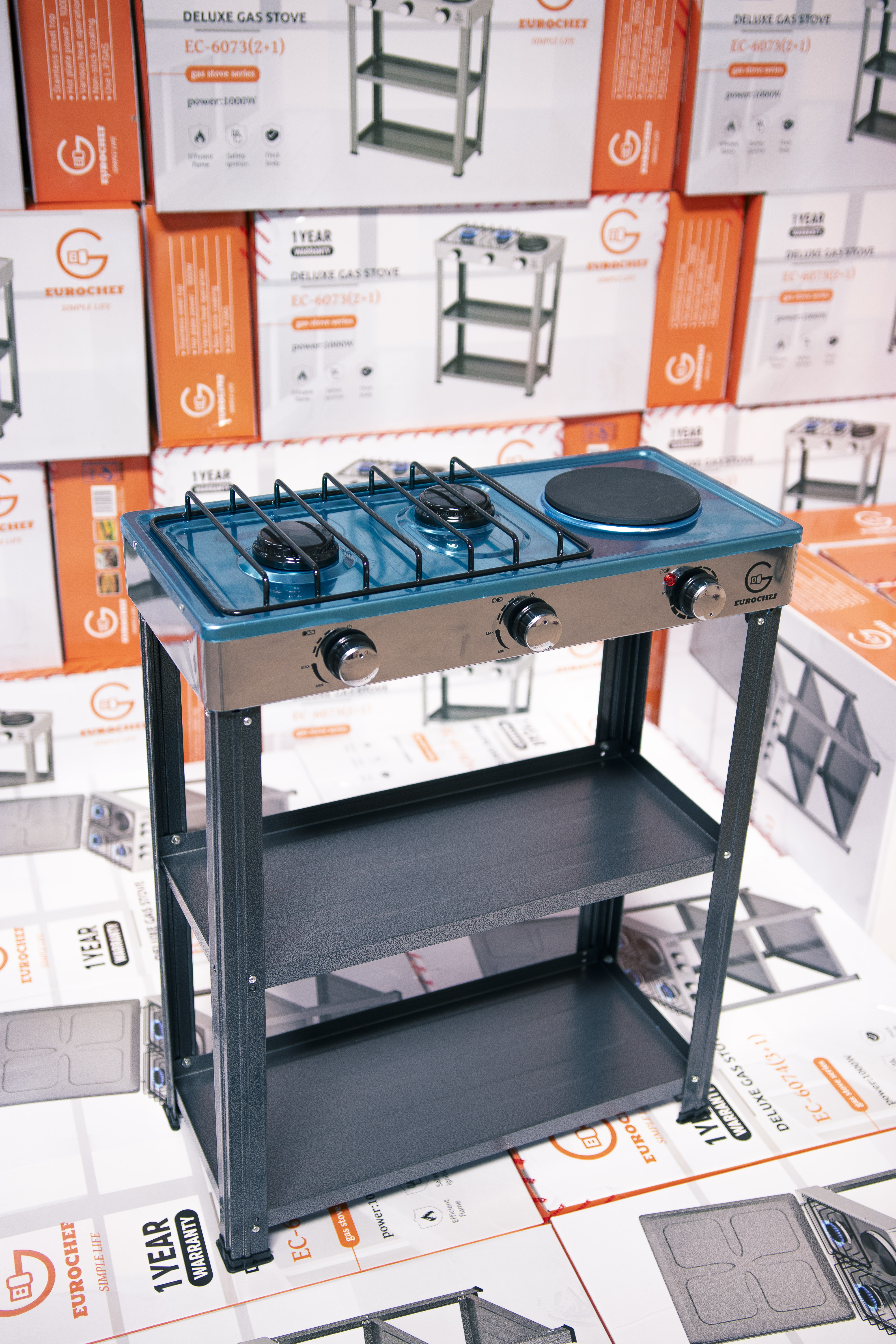 【Exclusive Offer】 EUROCHEF EC-6073(2+1)  Simple Standing Cooker 2 Gas 1 Hot Plate Cooker With Shelves & No Oven