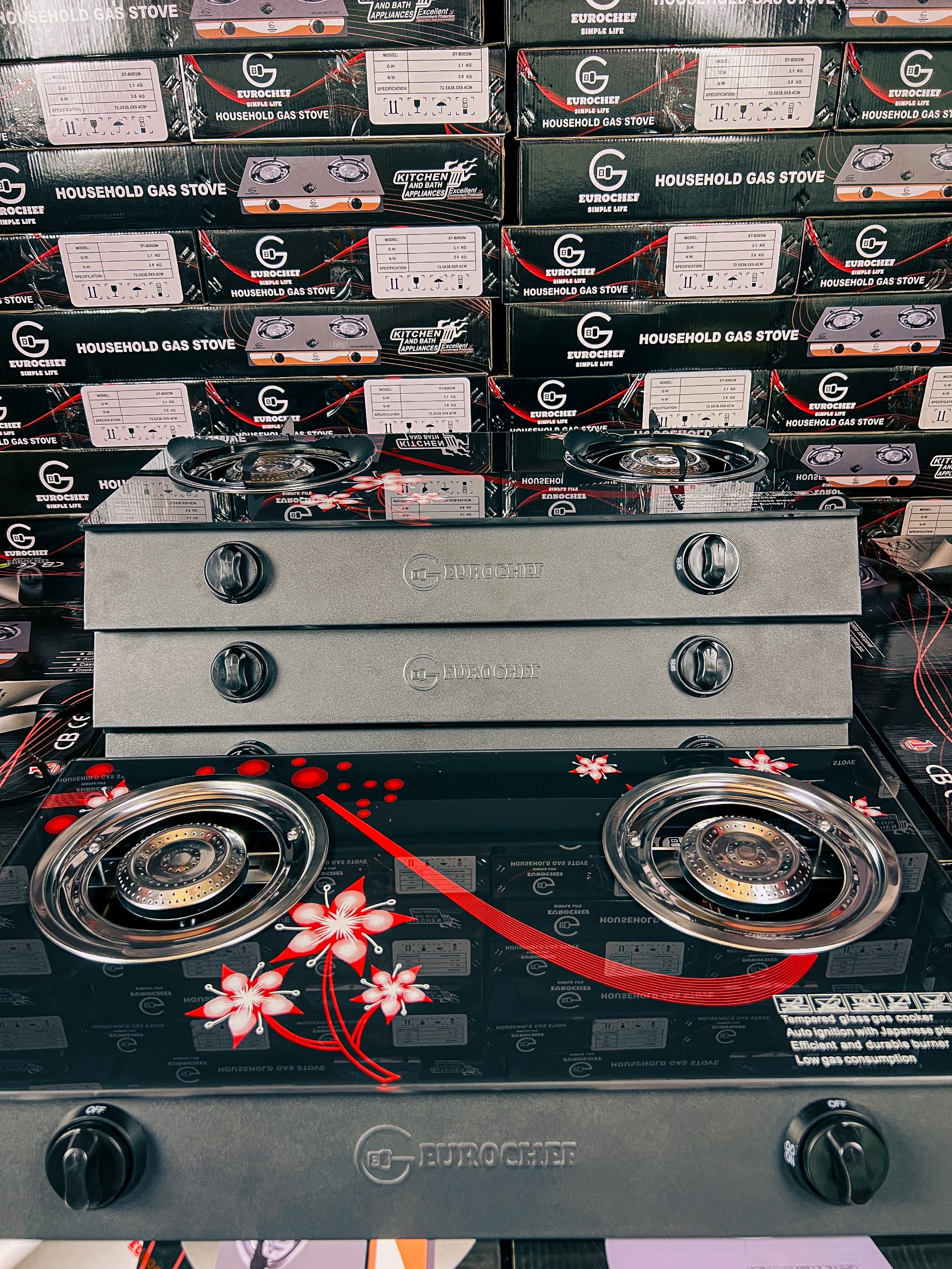 【Limited Offer】EUROCHEF ST-B002P Tornado Design Burner Two Burner Glass Top Table Gas Cooker -BLACK