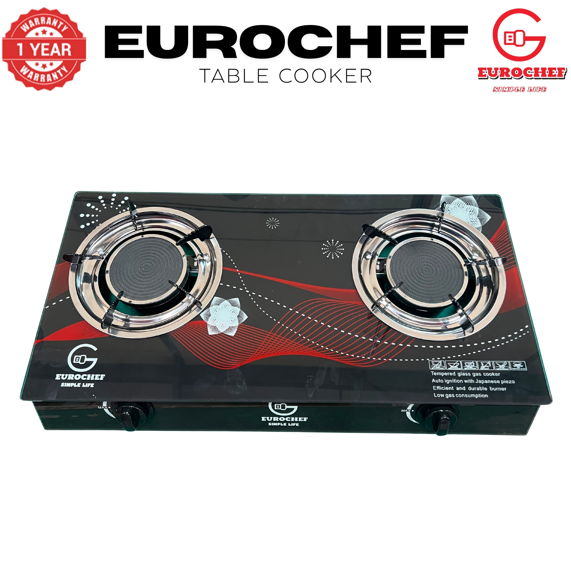 【Limited Offer】EUROCHEF  Infrared Gas Cooker ST-B002IF – 2 Burner Glass Top Table Stove, Grey, Gas Saving & Flame Stability
