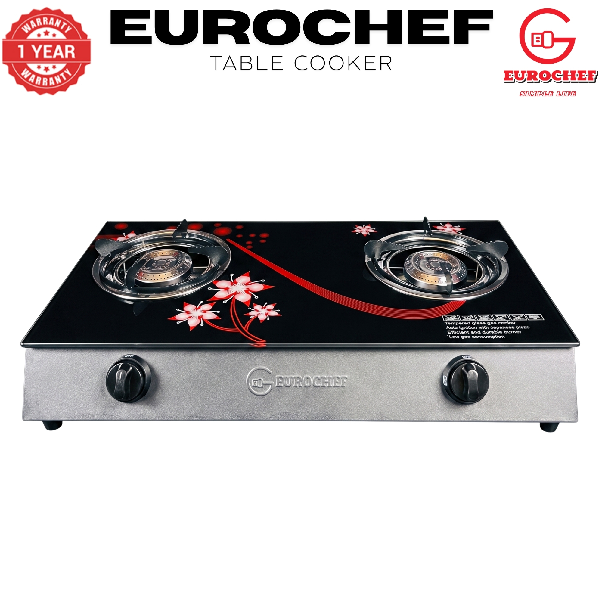 【Limited Offer】EUROCHEF ST-B002P Tornado Design Burner Two Burner Glass Top Table Gas Cooker -BLACK