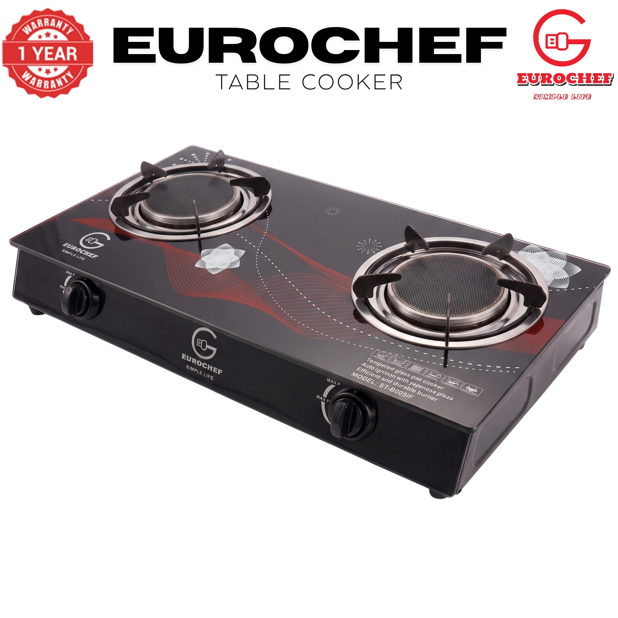 【Limited Offer】EUROCHEF  Infrared Gas Cooker ST-B002IF – 2 Burner Glass Top Table Stove, Grey, Gas Saving & Flame Stability