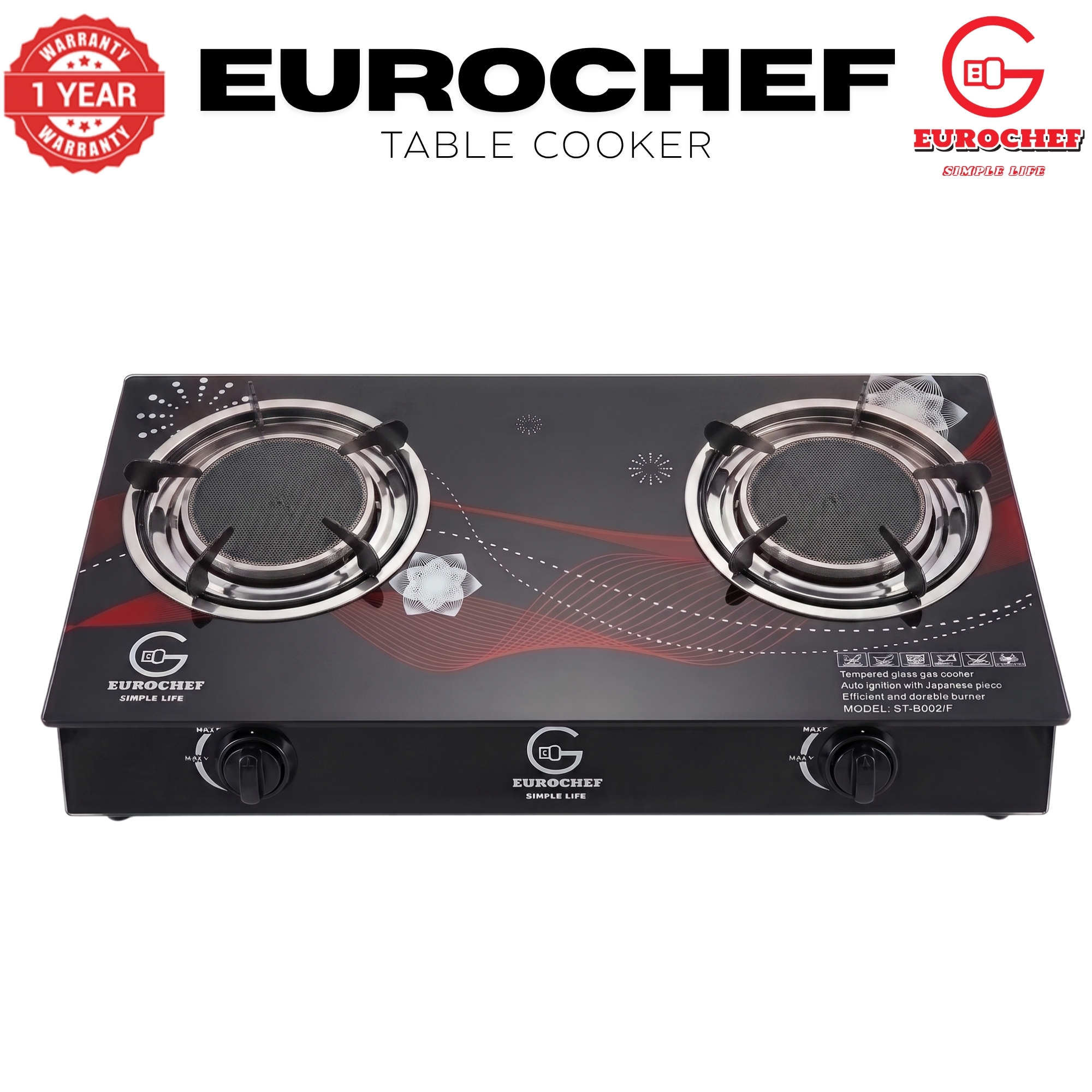 【Limited Offer】EUROCHEF  Infrared Gas Cooker ST-B002IF – 2 Burner Glass Top Table Stove, Grey, Gas Saving & Flame Stability