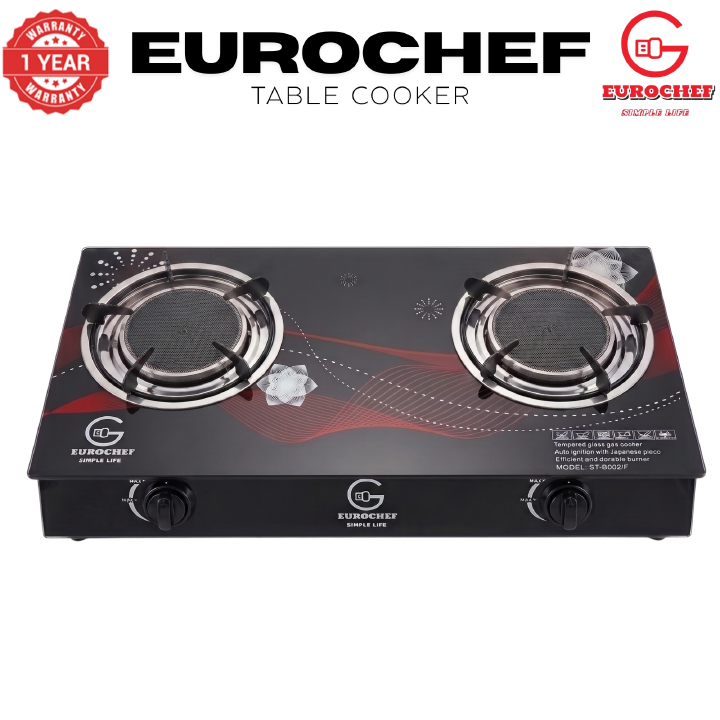 【Limited Offer】EUROCHEF  Infrared Gas Cooker ST-B002IF – 2 Burner Glass Top Table Stove, Grey, Gas Saving & Flame Stability