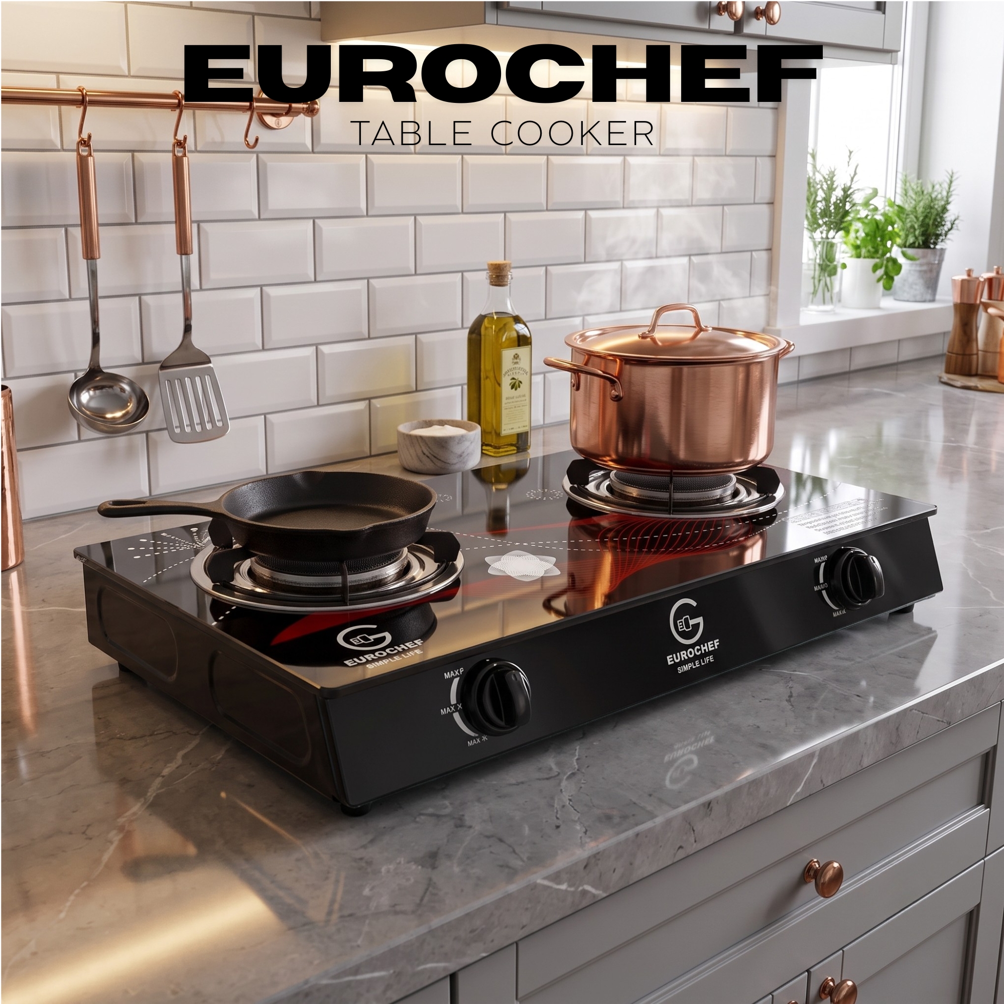 【Limited Offer】EUROCHEF  Infrared Gas Cooker ST-B002IF – 2 Burner Glass Top Table Stove, Grey, Gas Saving & Flame Stability