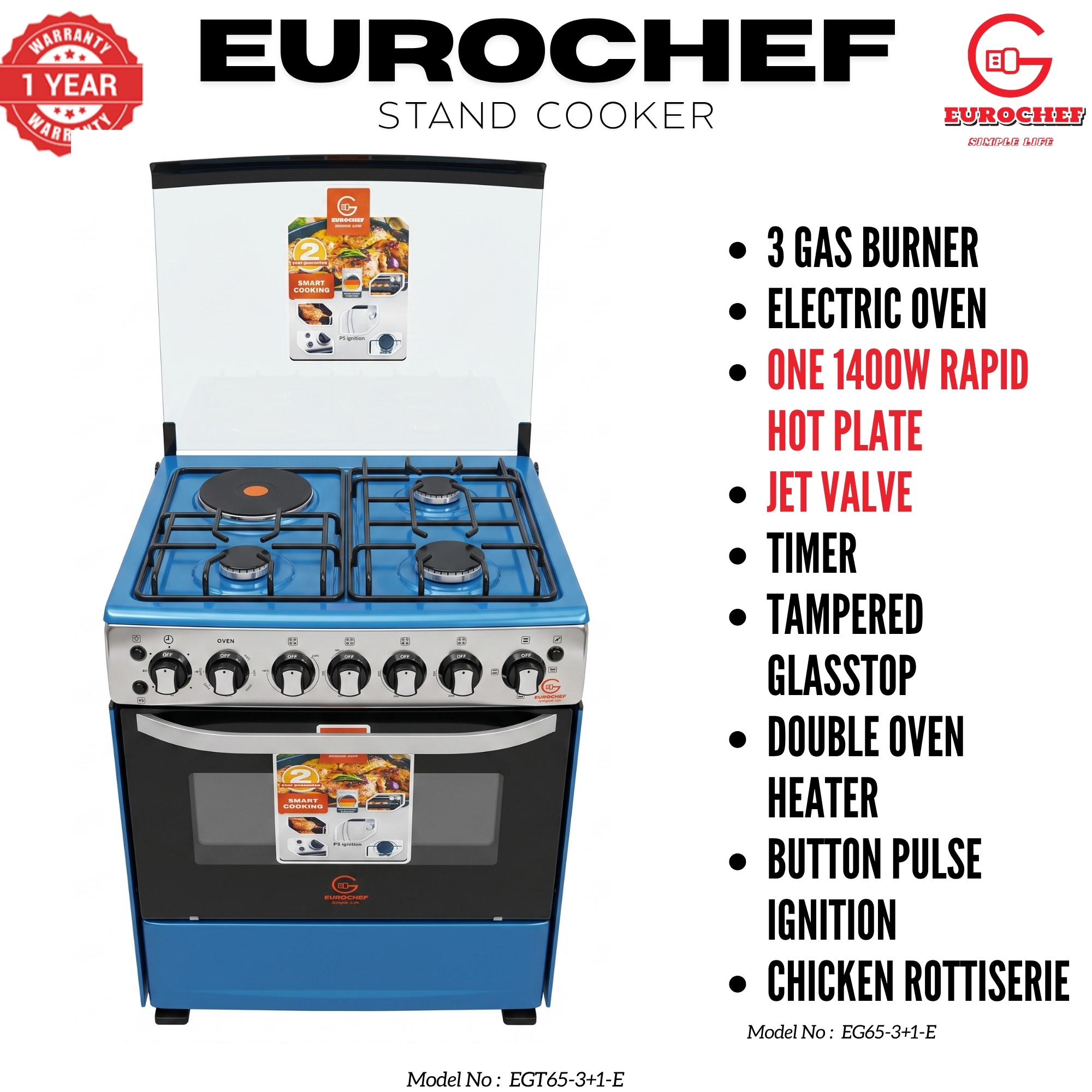 【LIMITED OFFER】 EUROCHEF 60X65 EGT65-3G1E-E Home Improvement 67l  Free Standing Gas Cooker  3 Gas +1 Hotplate Kitchen Appliance With Electric Oven