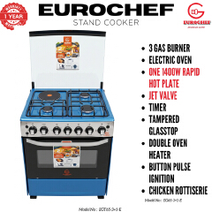 【LIMITED OFFER】 EUROCHEF 60X65 EGT65-3G1E-E Home Improvement 67l  Free Standing Gas Cooker  3 Gas +1 Hotplate Kitchen Appliance With Electric Oven