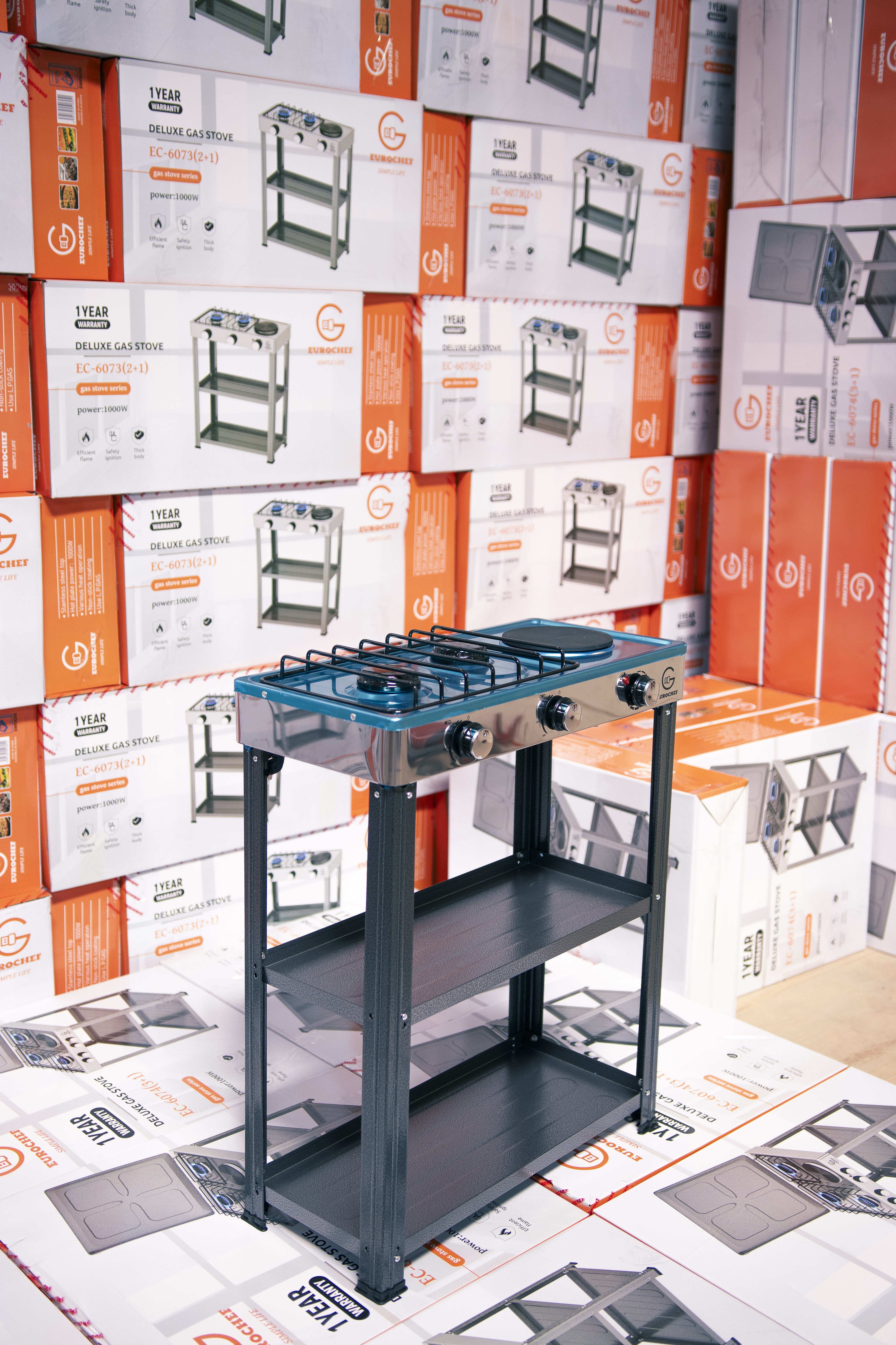 【Exclusive Offer】 EUROCHEF EC-6073(2+1)  Simple Standing Cooker 2 Gas 1 Hot Plate Cooker With Shelves & No Oven