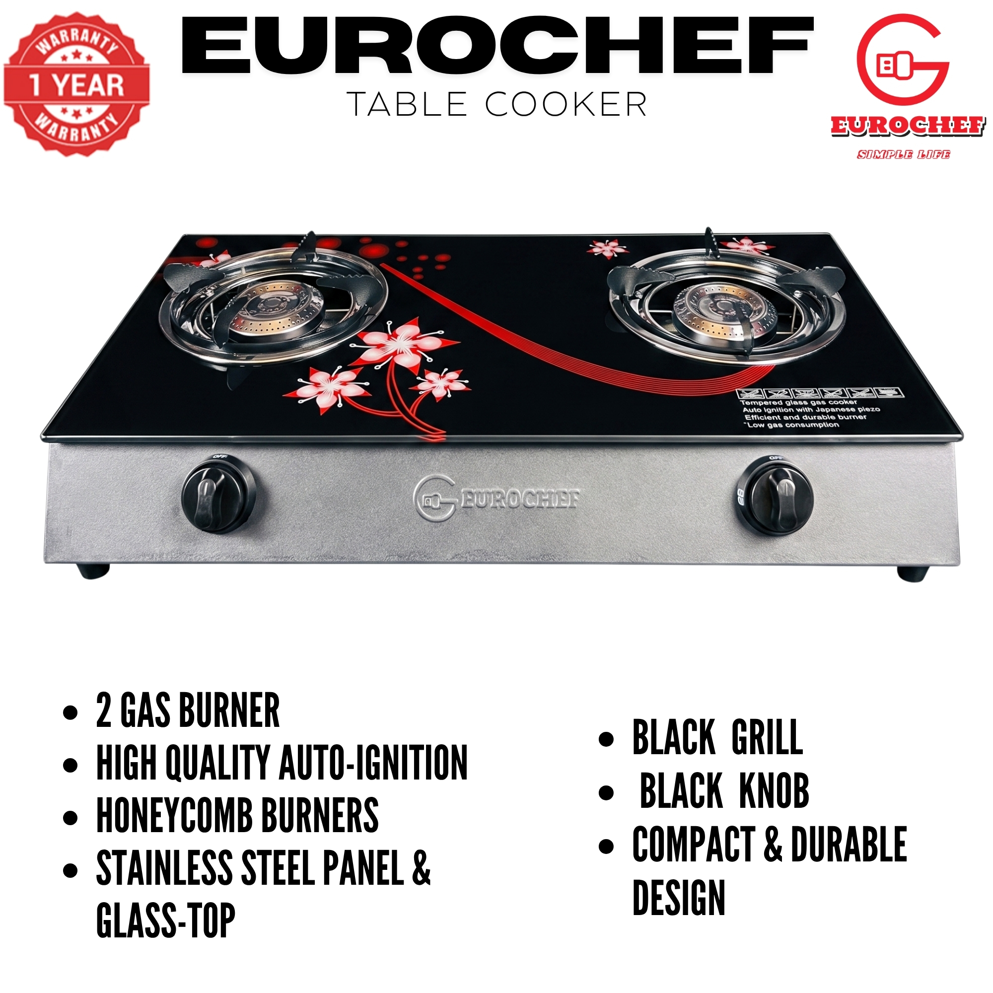 【Limited Offer】EUROCHEF ST-B002P Tornado Design Burner Two Burner Glass Top Table Gas Cooker -BLACK