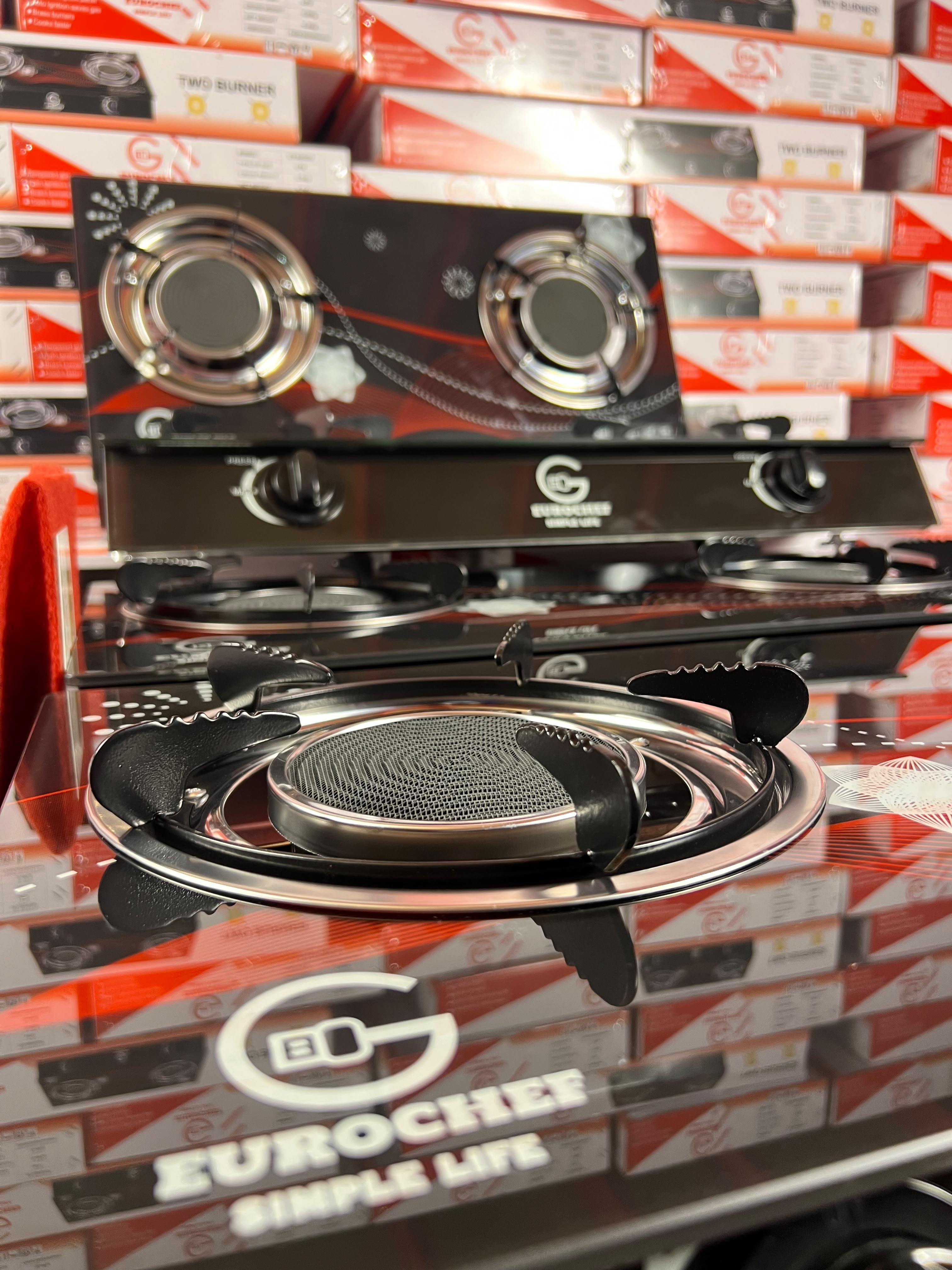【Limited Offer】EUROCHEF  Infrared Gas Cooker ST-B002IF – 2 Burner Glass Top Table Stove, Grey, Gas Saving & Flame Stability