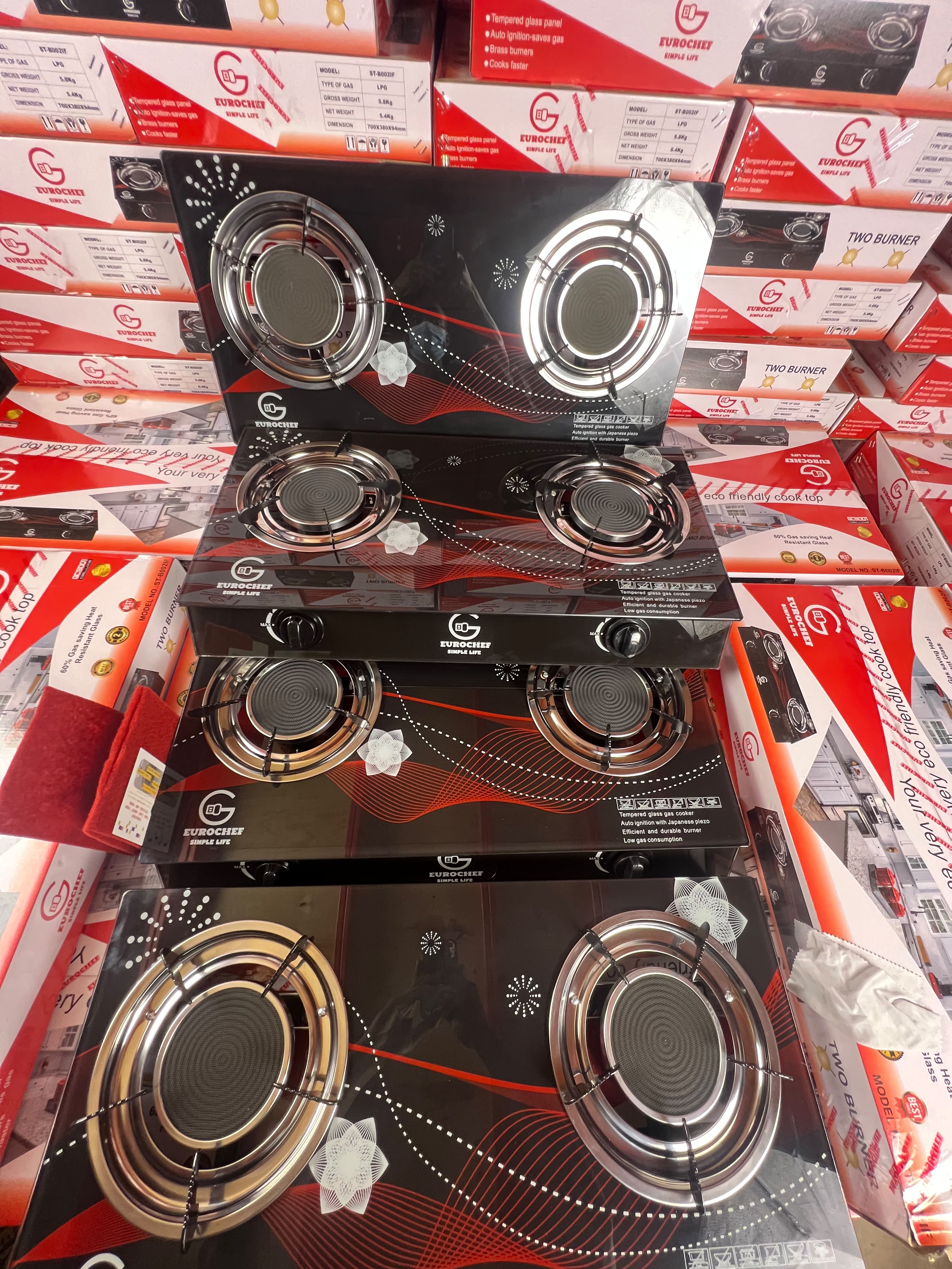 【Limited Offer】EUROCHEF  Infrared Gas Cooker ST-B002IF – 2 Burner Glass Top Table Stove, Grey, Gas Saving & Flame Stability