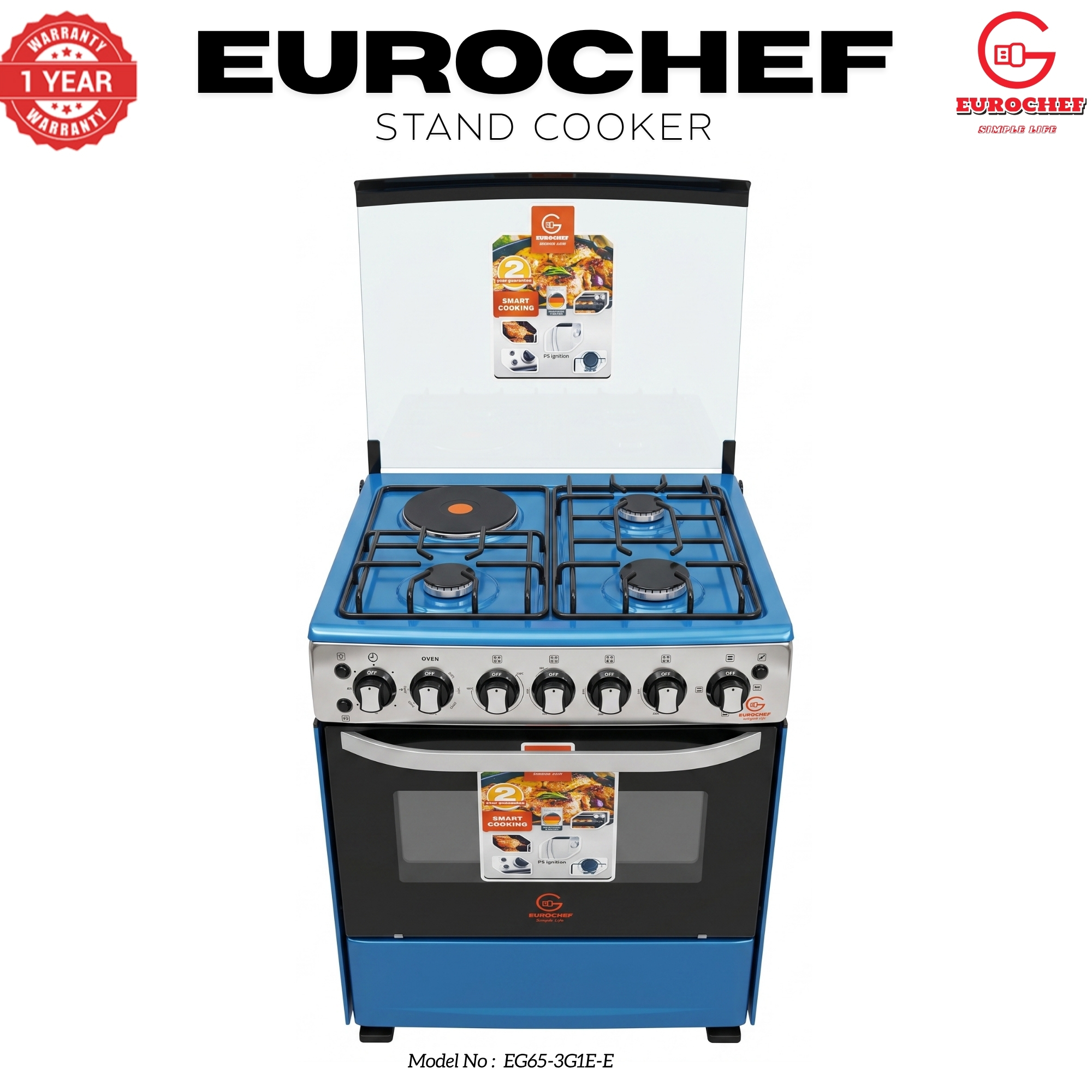 【LIMITED OFFER】 EUROCHEF 60X65 EGT65-3G1E-E Home Improvement 67l  Free Standing Gas Cooker  3 Gas +1 Hotplate Kitchen Appliance With Electric Oven