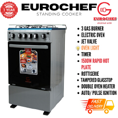 【LIMITED OFFER】 Eurochef 50X55 EGT55-3G1E-E  55L Home Improvement  Free standing Gas Cooker  3 GAS + 1 Hot Plate  Kitchen appliance with electric oven