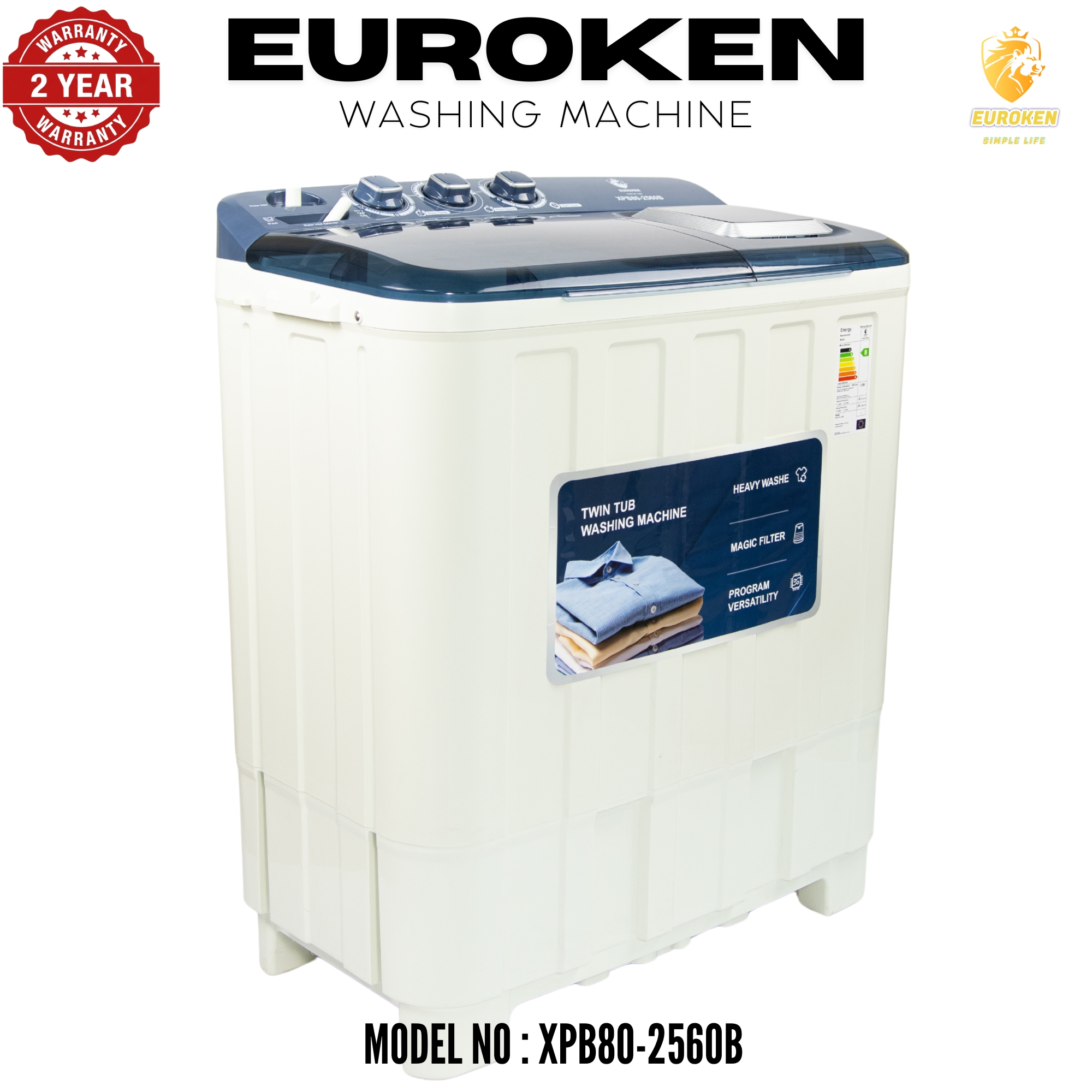 Euroken  Twin Tub Washing Machine 8KG Washer, 6 KG Spinner Combo with Timer Knobs, Built-in Drain Pump, Compact Washer for Home washing machine
