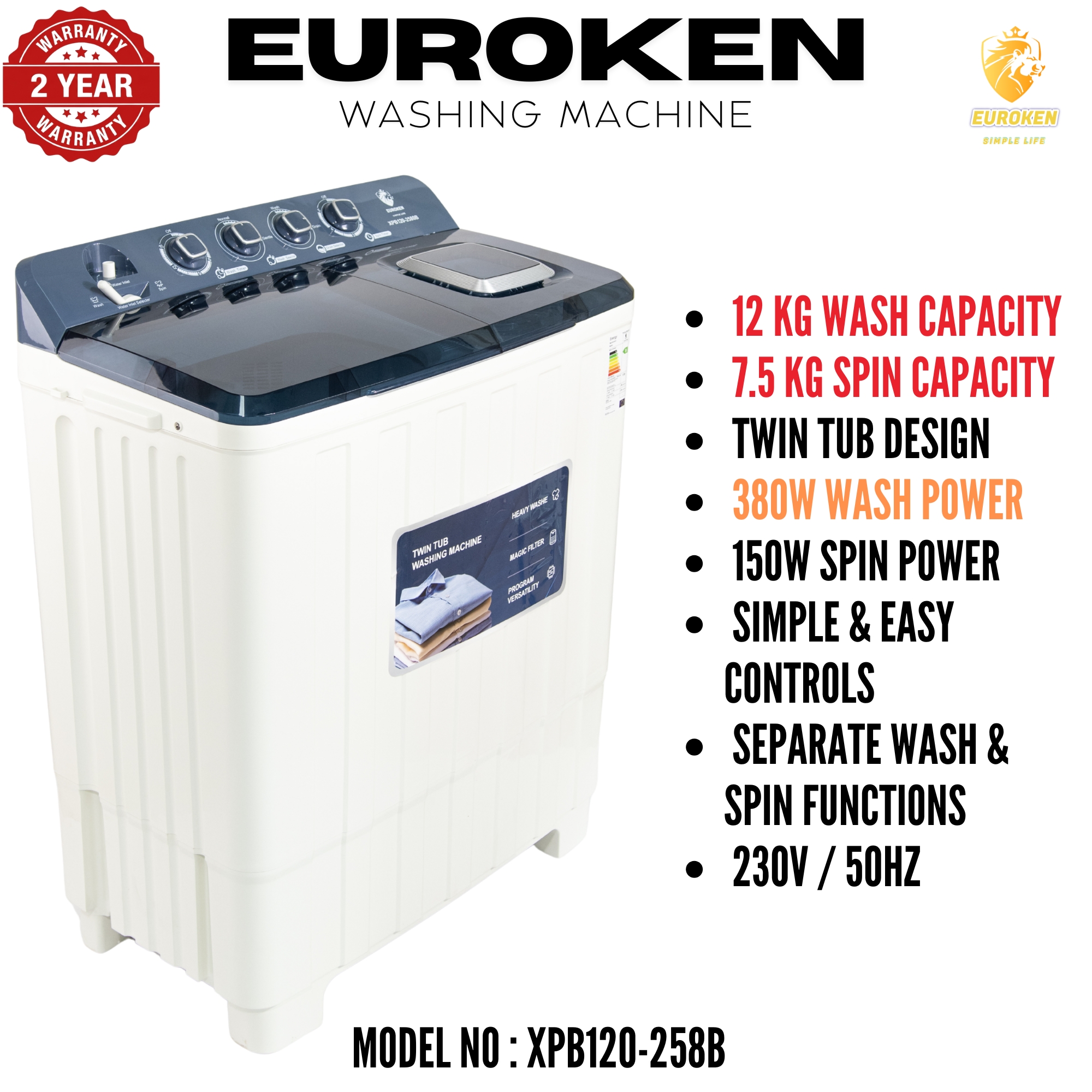 Euroken 12KG Twin Tub Washing Machine 7.5KG Washer, 5KG Spinner Combo with Timer Knobs, Built-in Drain Pump, Compact Washer for Home washing machine