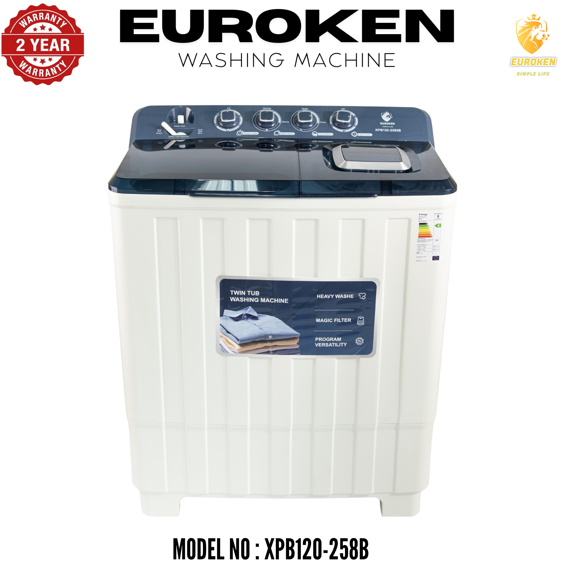 Euroken 12KG Twin Tub Washing Machine 7.5KG Washer, 5KG Spinner Combo with Timer Knobs, Built-in Drain Pump, Compact Washer for Home washing machine