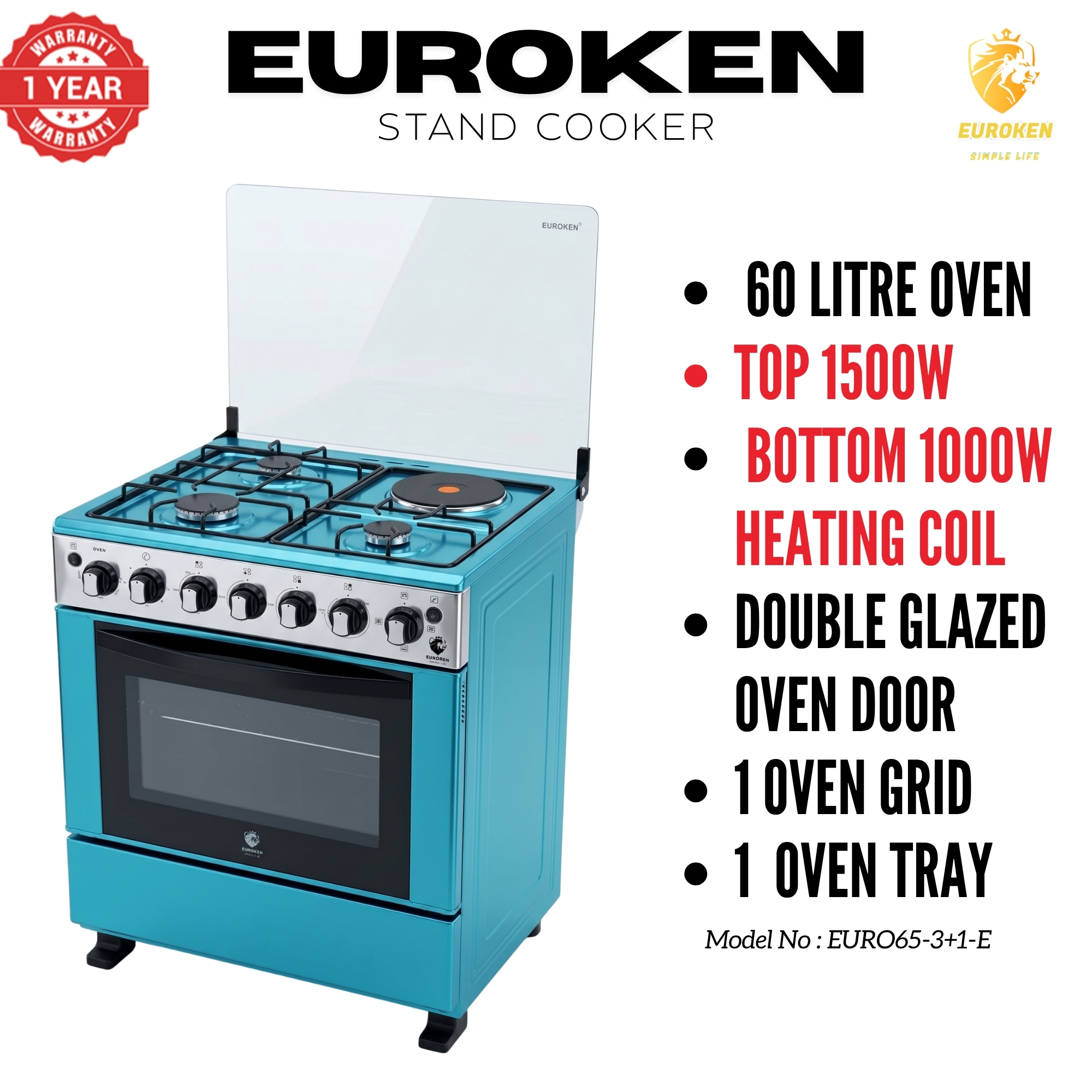 【LIMITED OFFER】 Euroken 60x65  Euro65-3+1E-E  60L Home Improvement  Free Standing Cooker  3 Gas +1 Hotplate Kitchen Appliance With Electric Oven PURE STAINLESS STEEL