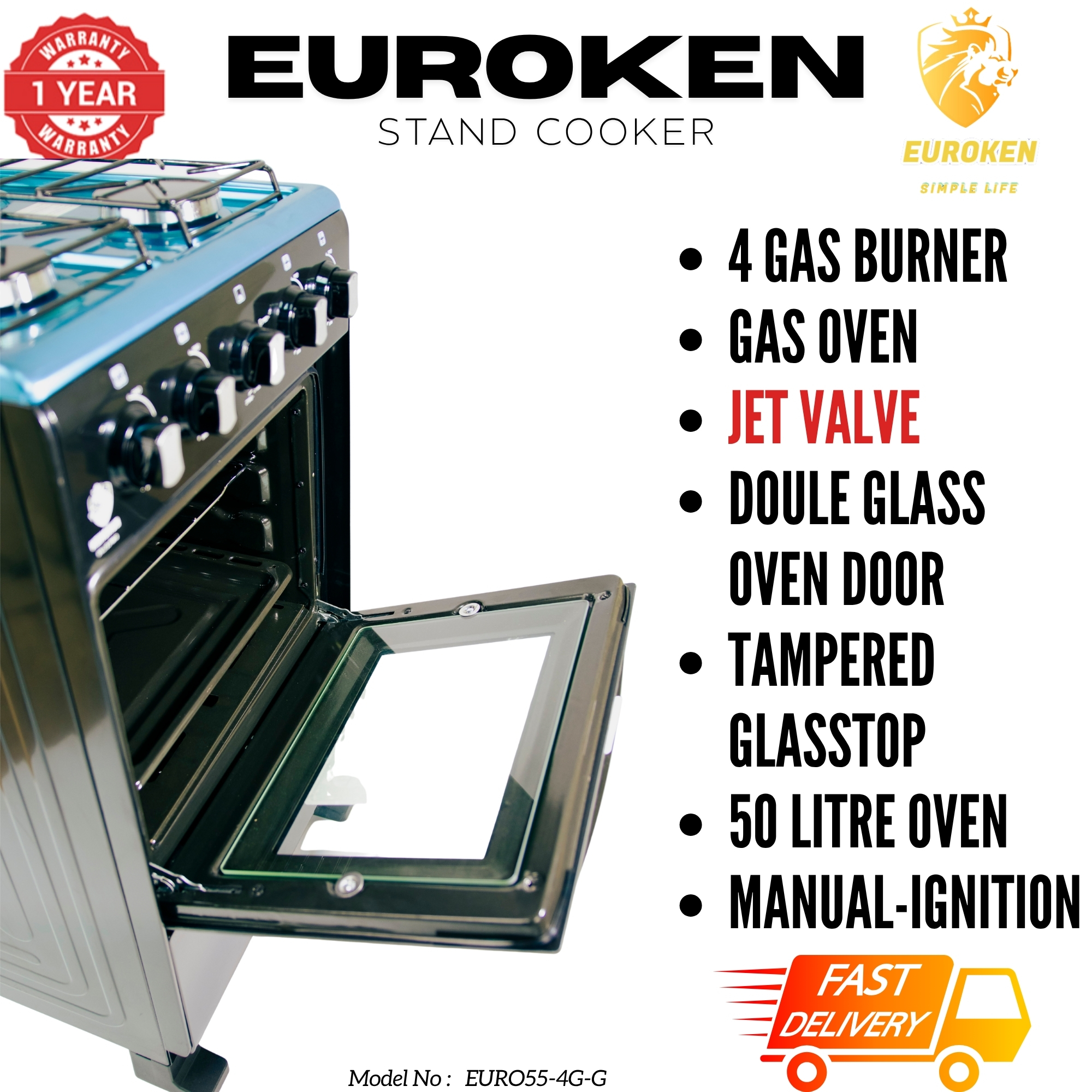 【LIMITED OFFER】Euroken 50X55  Euro55-4G-G 50L Home Improvement Free Standing Full Gas Cooker Kitchen Appliance With Gas Oven 4 Burners 50X55Cm