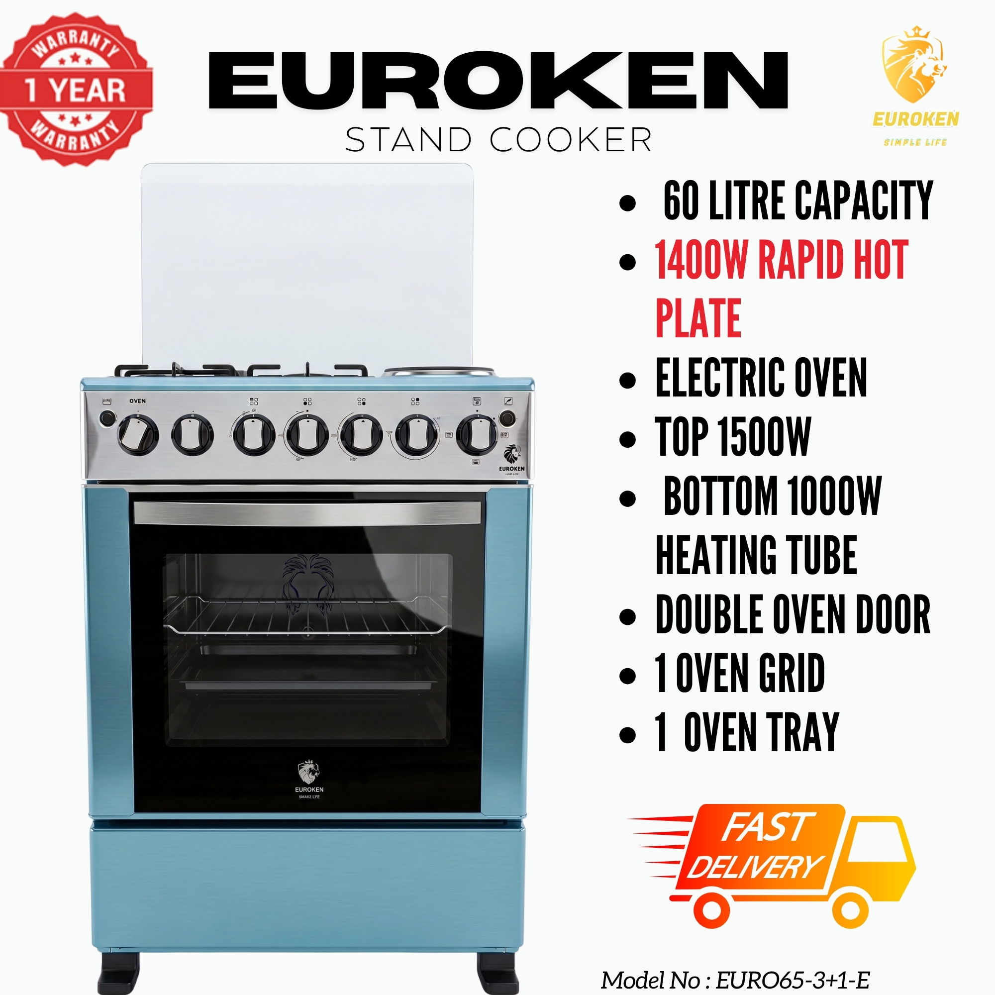 【LIMITED OFFER】 Euroken 60x65  Euro65-3+1E-E  60L Home Improvement  Free Standing Cooker  3 Gas +1 Hotplate Kitchen Appliance With Electric Oven PURE STAINLESS STEEL