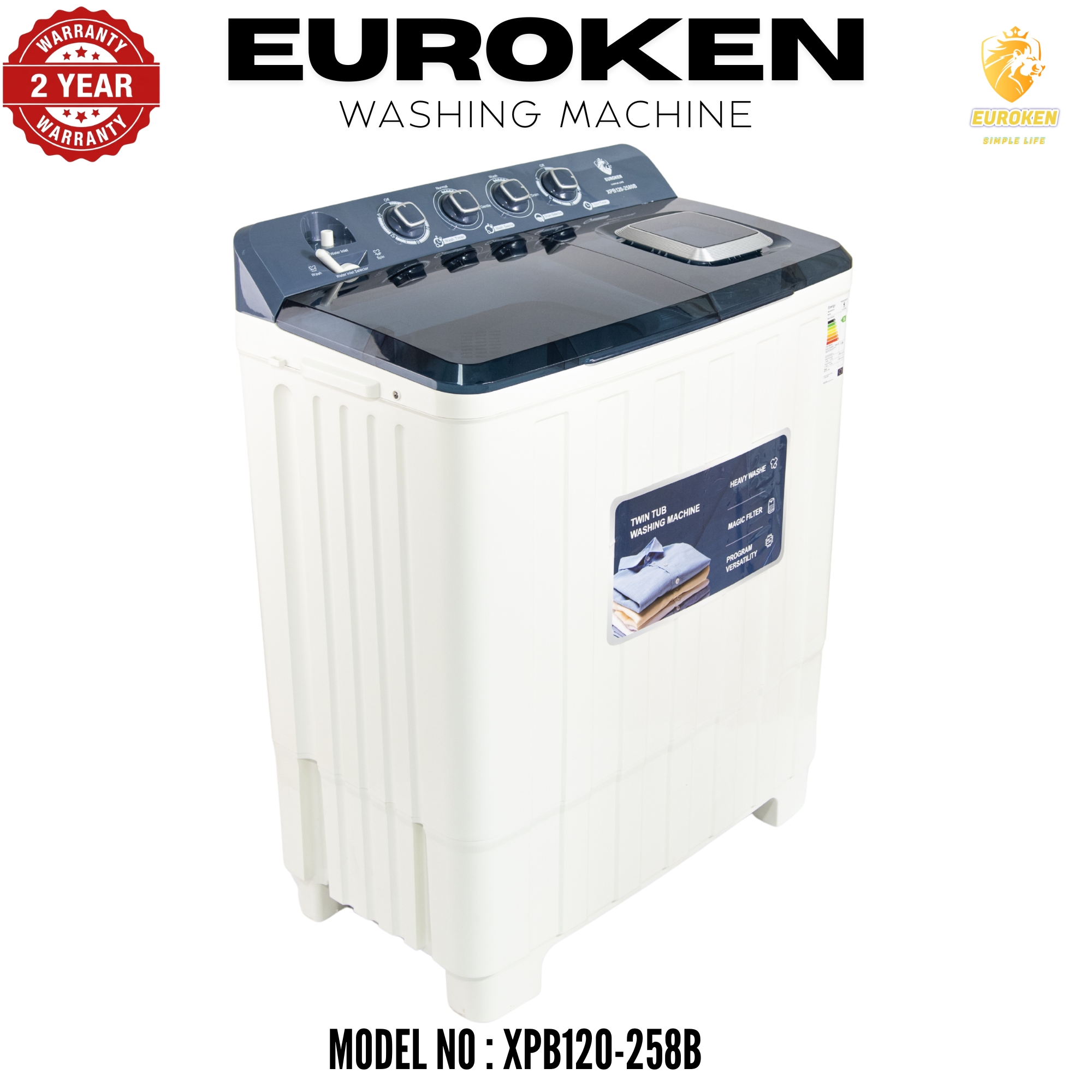 Euroken 12KG Twin Tub Washing Machine 7.5KG Washer, 5KG Spinner Combo with Timer Knobs, Built-in Drain Pump, Compact Washer for Home washing machine