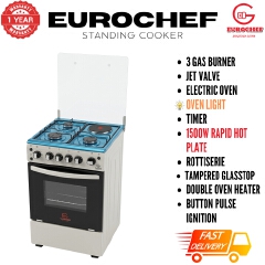 【LIMITED OFFER】 Eurochef 50X55 EGT55-3G1E-E  55L Home Improvement  Free standing Gas Cooker  3 GAS + 1 Hot Plate  Kitchen appliance with electric oven