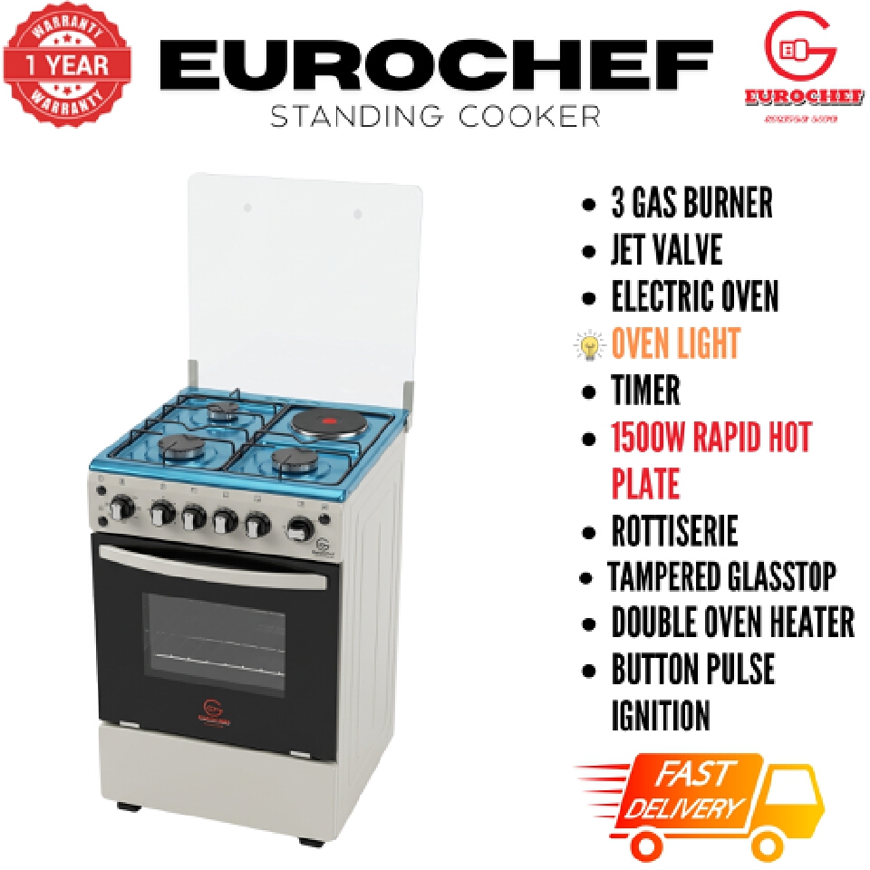 【LIMITED OFFER】 Eurochef 50X55 EGT55-3G1E-E  55L Home Improvement  Free standing Gas Cooker  3 GAS + 1 Hot Plate  Kitchen appliance with electric oven