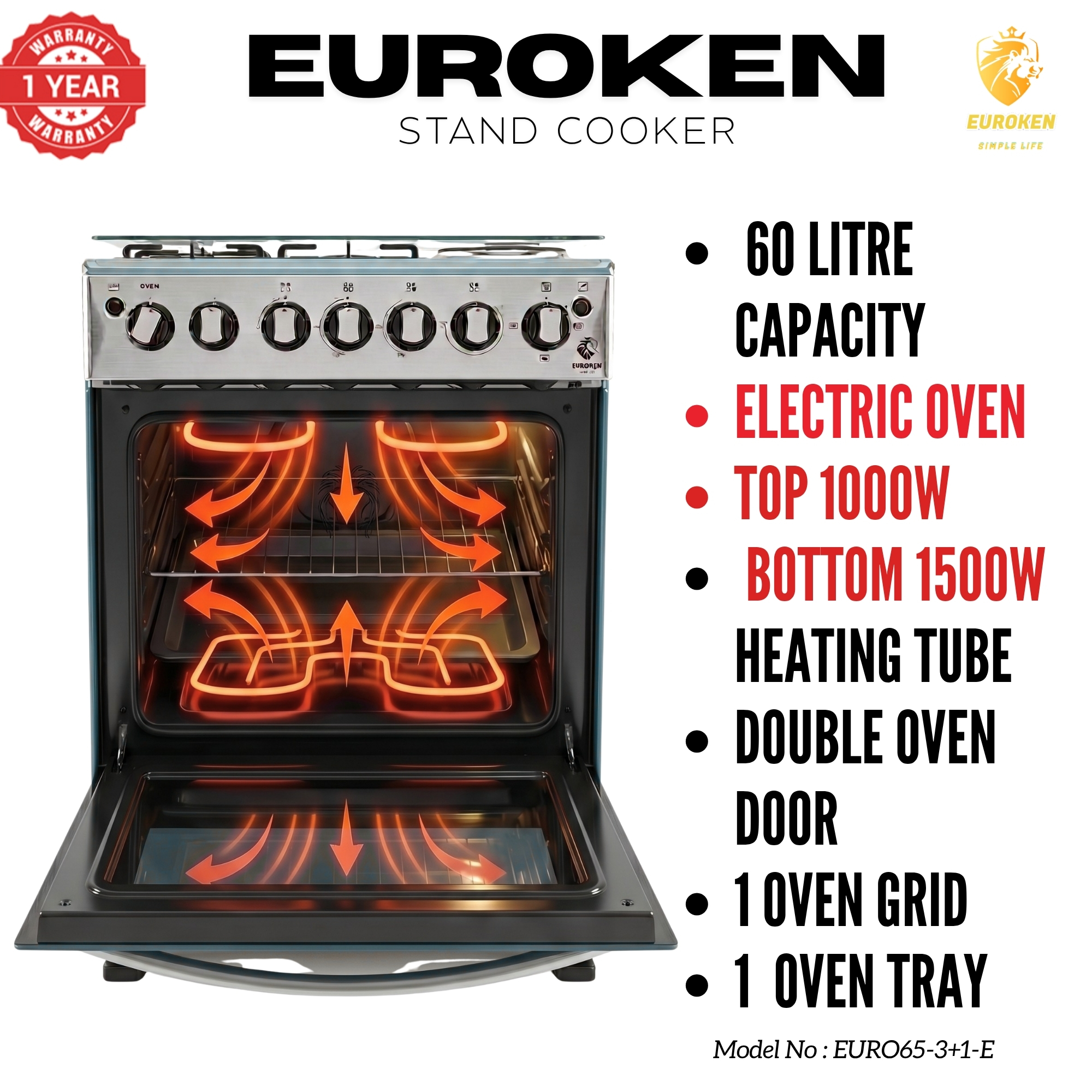 【LIMITED OFFER】 Euroken 60x65  Euro65-3+1E-E  60L Home Improvement  Free Standing Cooker  3 Gas +1 Hotplate Kitchen Appliance With Electric Oven PURE STAINLESS STEEL