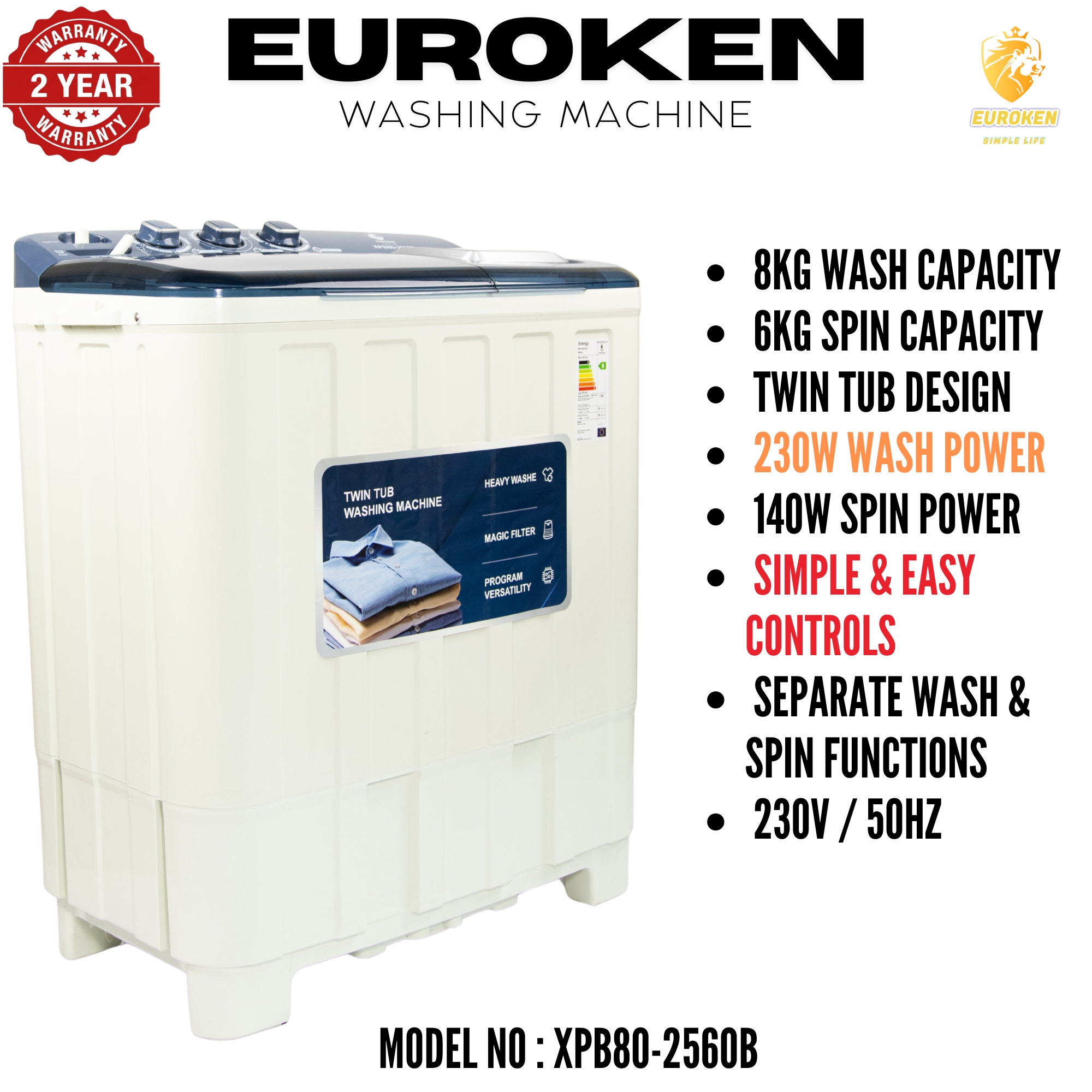 Euroken  Twin Tub Washing Machine 8KG Washer, 6 KG Spinner Combo with Timer Knobs, Built-in Drain Pump, Compact Washer for Home washing machine