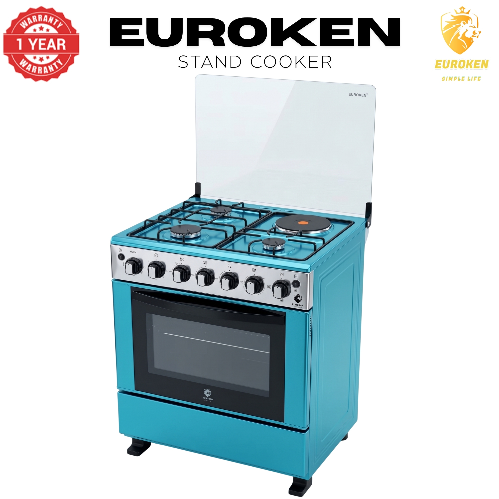 【LIMITED OFFER】 Euroken 60x65  Euro65-3+1E-E  60L Home Improvement  Free Standing Cooker  3 Gas +1 Hotplate Kitchen Appliance With Electric Oven PURE STAINLESS STEEL