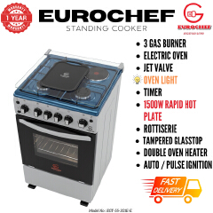 【LIMITED OFFER】 Eurochef 50X55 EGT55-3G1E-E  55L Home Improvement  Free standing Gas Cooker  3 GAS + 1 Hot Plate  Kitchen appliance with electric oven