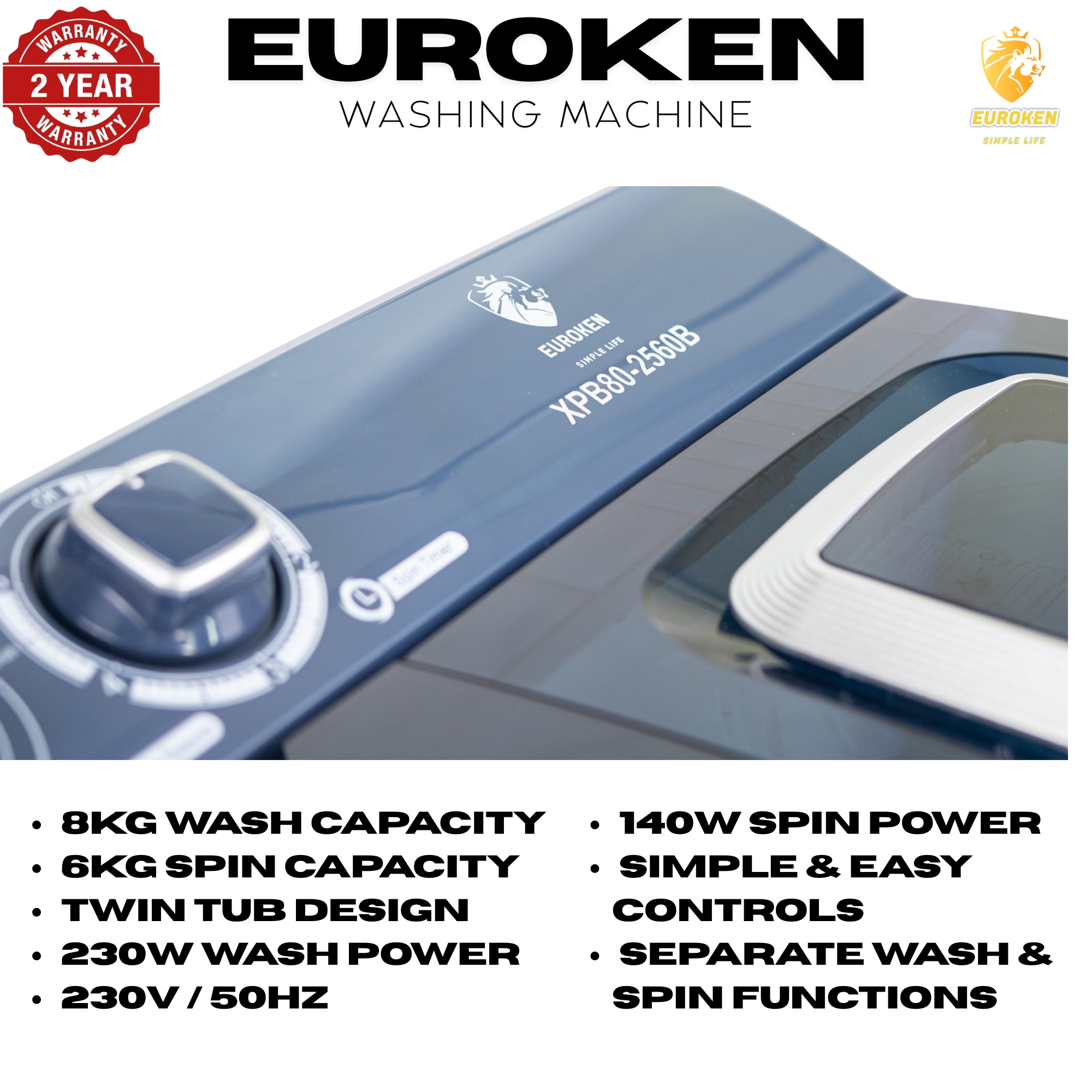 Euroken  Twin Tub Washing Machine 8KG Washer, 6 KG Spinner Combo with Timer Knobs, Built-in Drain Pump, Compact Washer for Home washing machine