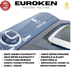 Euroken  Twin Tub Washing Machine 8KG Washer, 6 KG Spinner Combo with Timer Knobs, Built-in Drain Pump, Compact Washer for Home washing machine