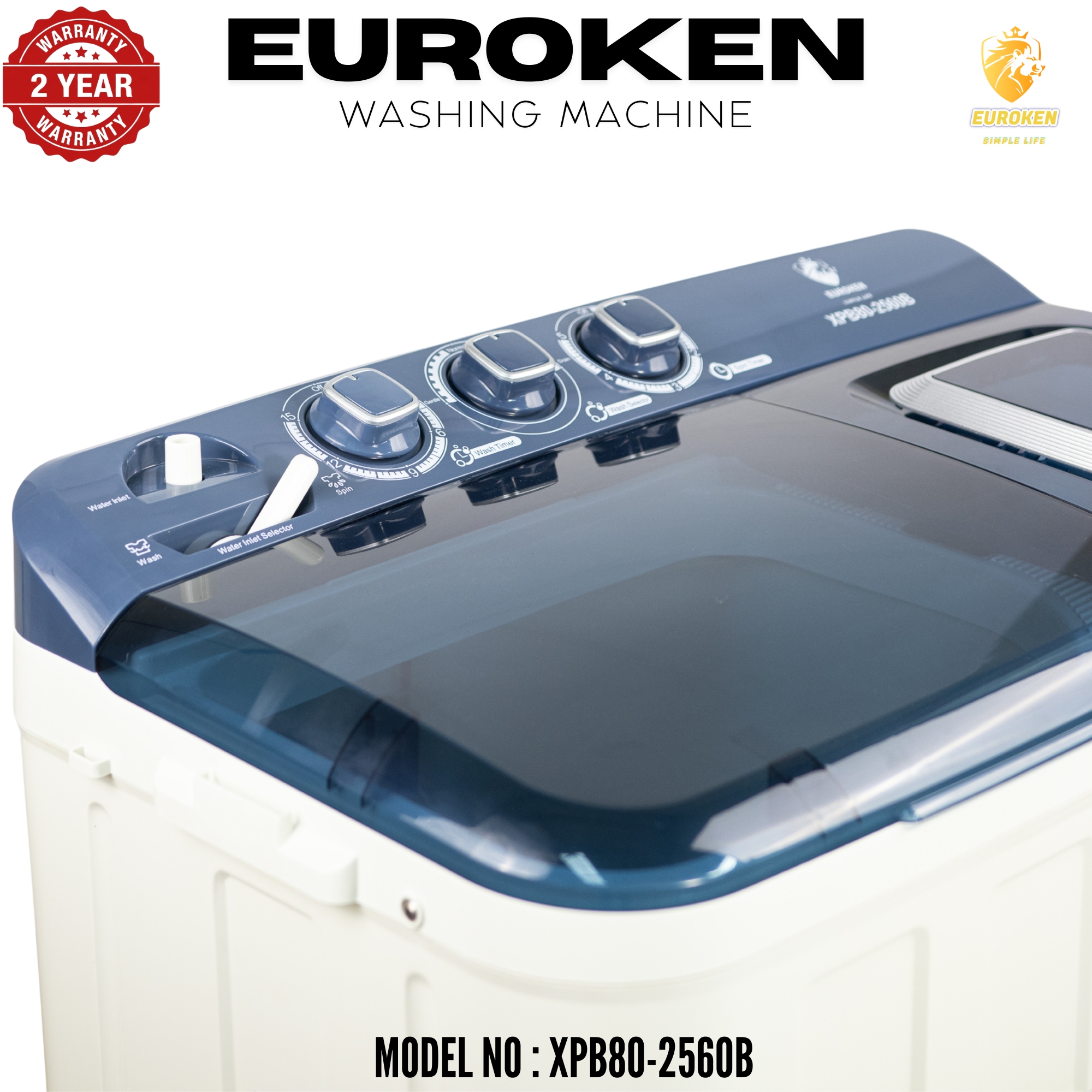 Euroken  Twin Tub Washing Machine 8KG Washer, 6 KG Spinner Combo with Timer Knobs, Built-in Drain Pump, Compact Washer for Home washing machine
