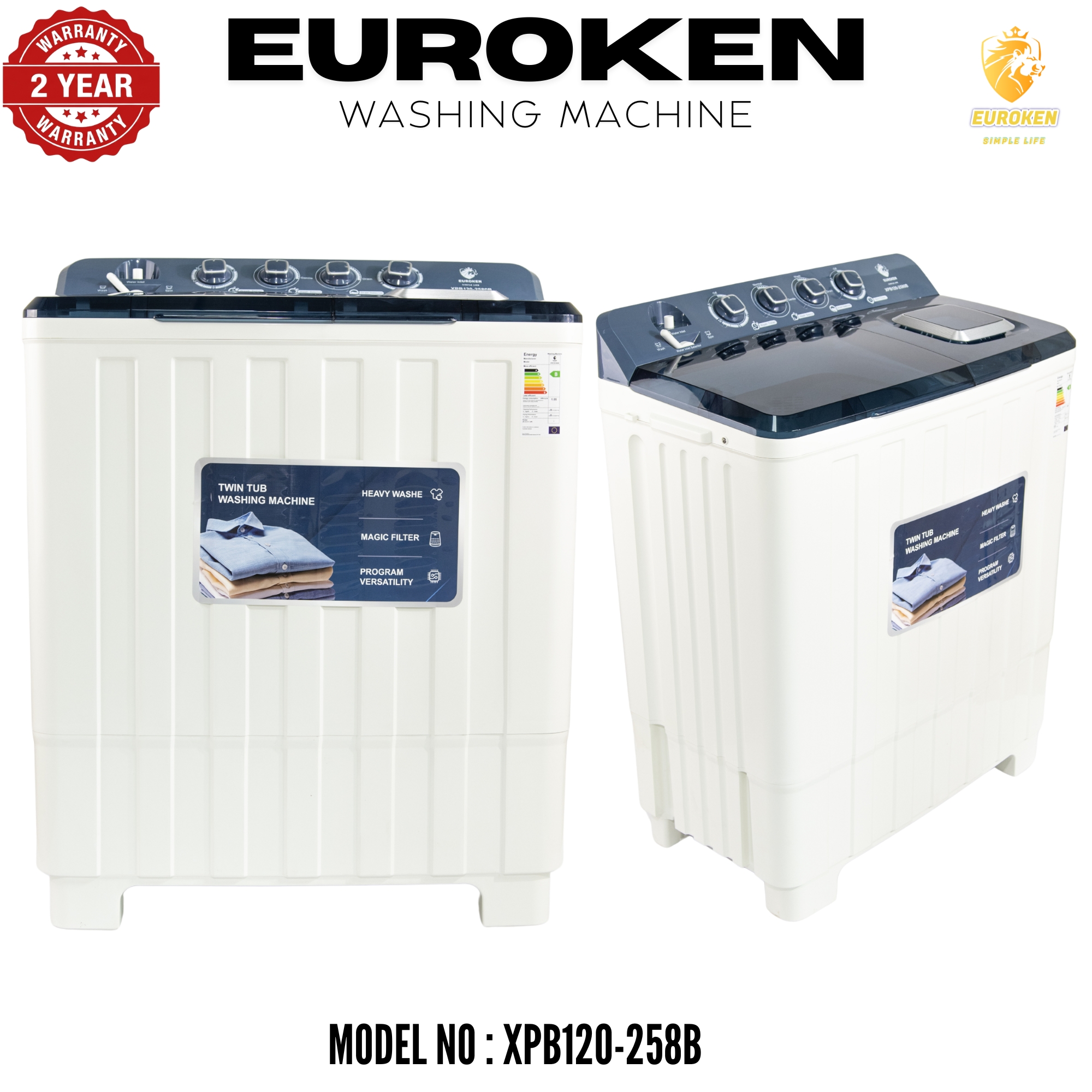 Euroken 12KG Twin Tub Washing Machine 7.5KG Washer, 5KG Spinner Combo with Timer Knobs, Built-in Drain Pump, Compact Washer for Home washing machine