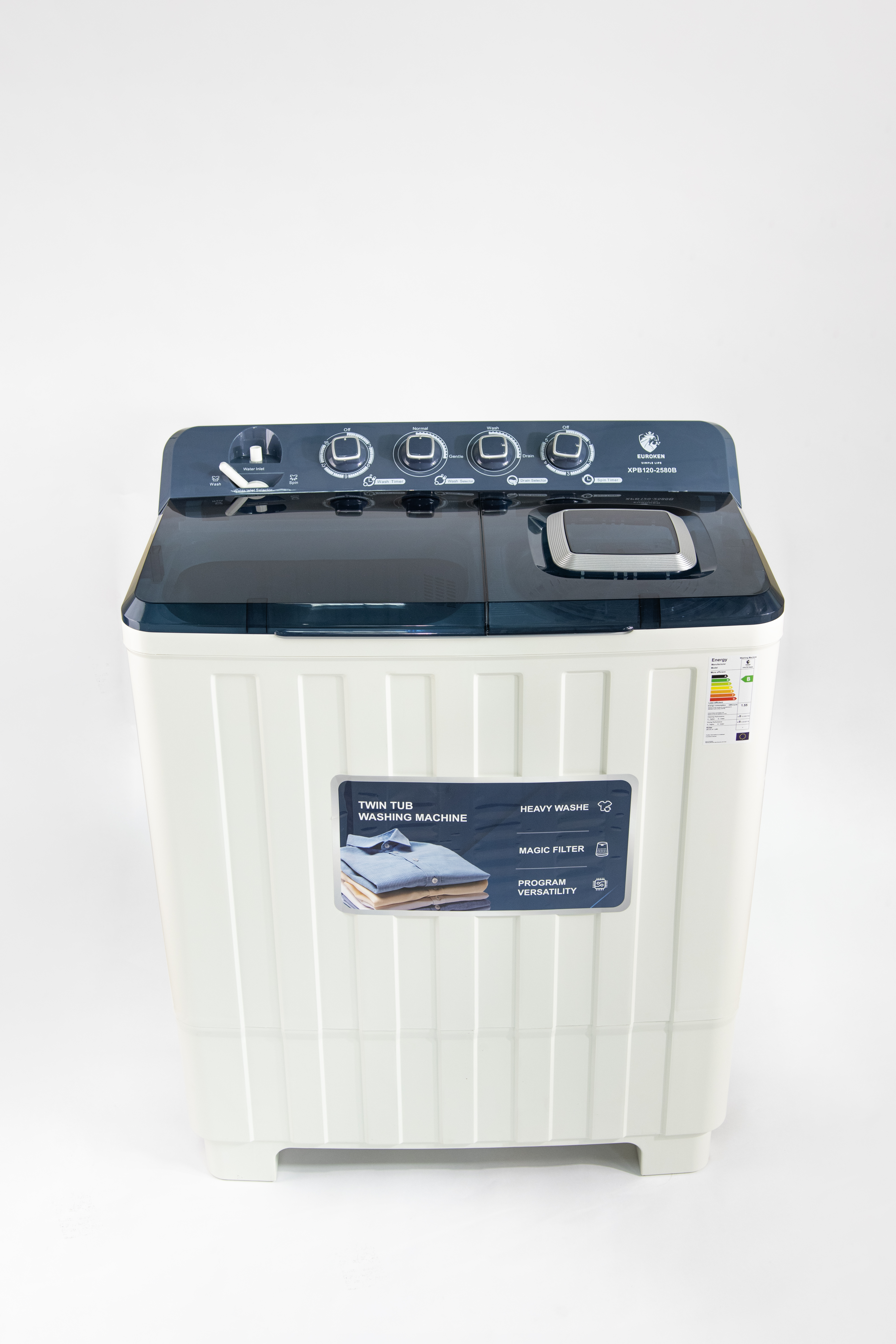 Euroken 12KG Twin Tub Washing Machine 7.5KG Washer, 5KG Spinner Combo with Timer Knobs, Built-in Drain Pump, Compact Washer for Home washing machine
