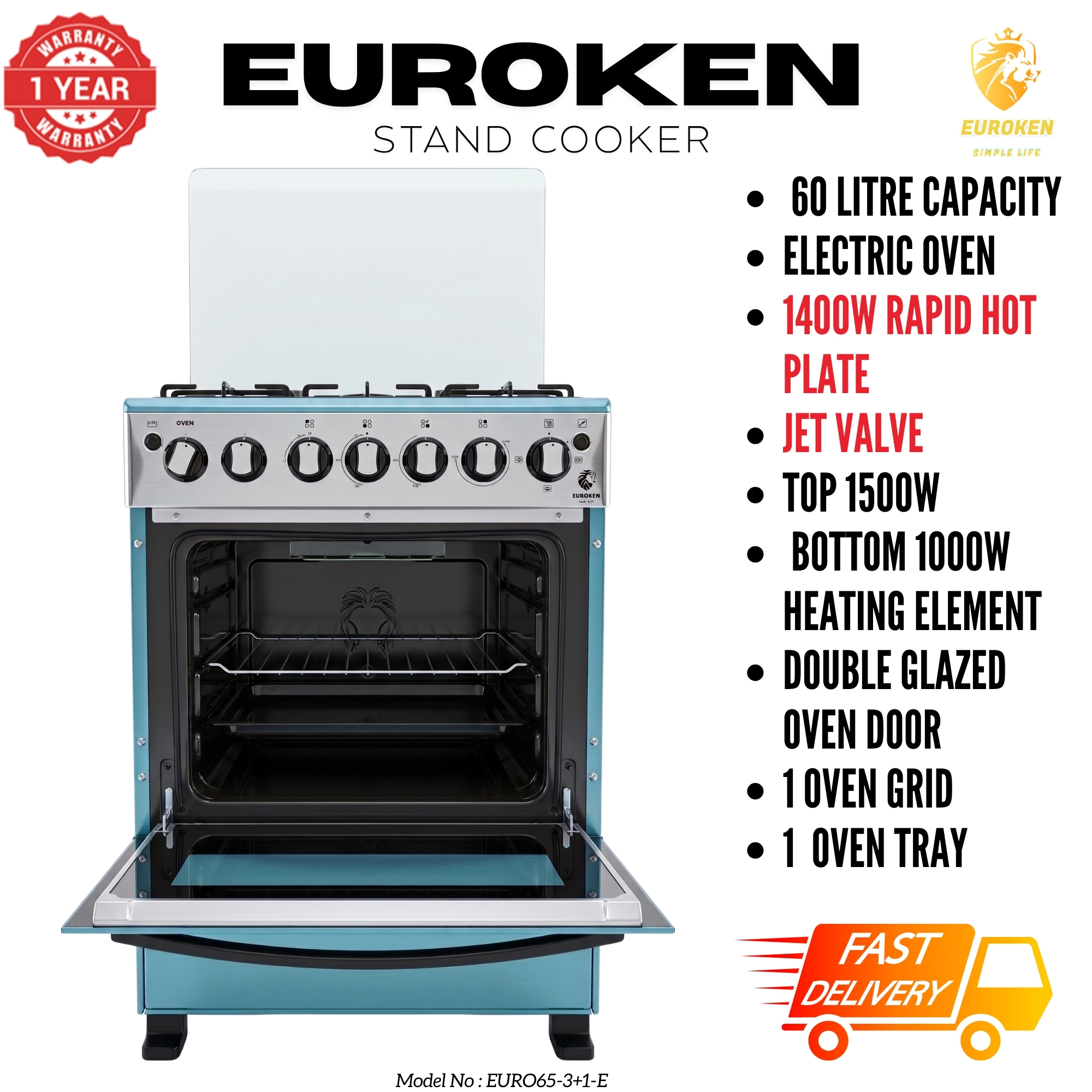 【LIMITED OFFER】 Euroken 60x65  Euro65-3+1E-E  60L Home Improvement  Free Standing Cooker  3 Gas +1 Hotplate Kitchen Appliance With Electric Oven PURE STAINLESS STEEL