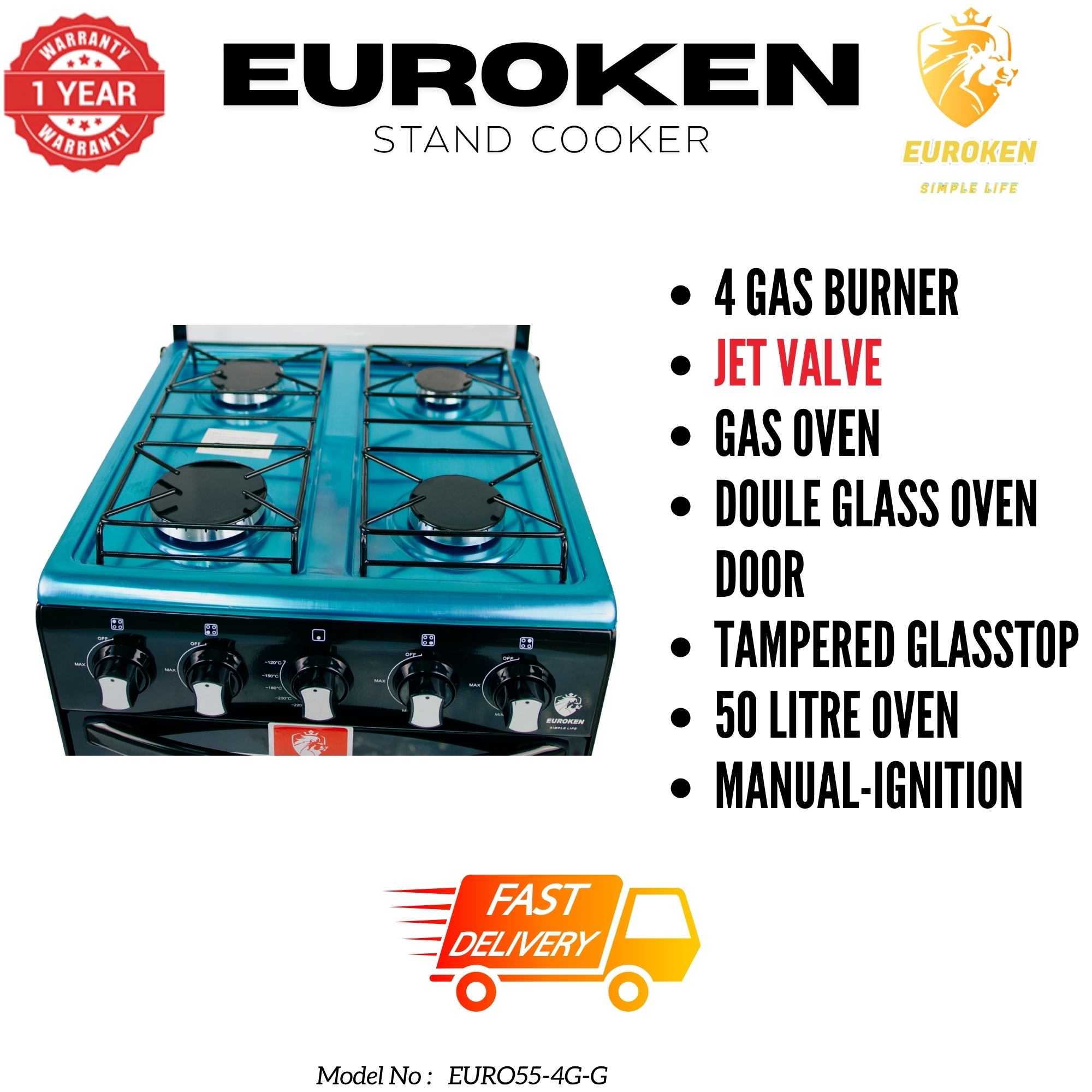 【LIMITED OFFER】Euroken 50X55  Euro55-4G-G 50L Home Improvement Free Standing Full Gas Cooker Kitchen Appliance With Gas Oven 4 Burners 50X55Cm