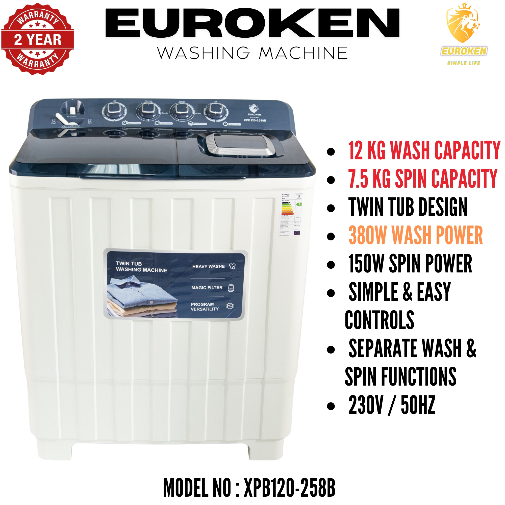 Euroken 12KG Twin Tub Washing Machine 7.5KG Washer, 5KG Spinner Combo with Timer Knobs, Built-in Drain Pump, Compact Washer for Home washing machine