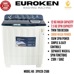 Euroken 12KG Twin Tub Washing Machine 7.5KG Washer, 5KG Spinner Combo with Timer Knobs, Built-in Drain Pump, Compact Washer for Home washing machine