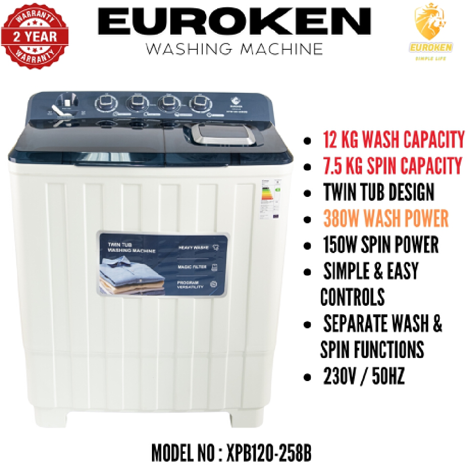 Euroken 12KG Twin Tub Washing Machine 7.5KG Washer, 5KG Spinner Combo with Timer Knobs, Built-in Drain Pump, Compact Washer for Home washing machine