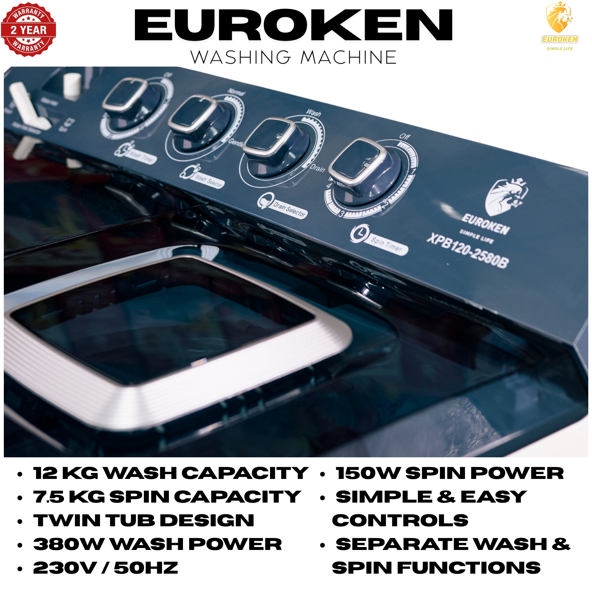 Euroken 12KG Twin Tub Washing Machine 7.5KG Washer, 5KG Spinner Combo with Timer Knobs, Built-in Drain Pump, Compact Washer for Home washing machine