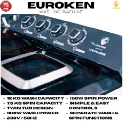 Euroken 12KG Twin Tub Washing Machine 7.5KG Washer, 5KG Spinner Combo with Timer Knobs, Built-in Drain Pump, Compact Washer for Home washing machine